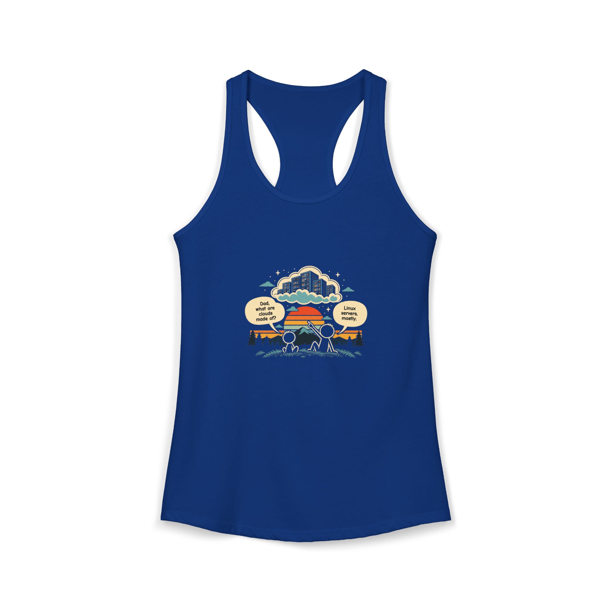 Linux Clouds women's racerback tank in Solid Royal, front 2