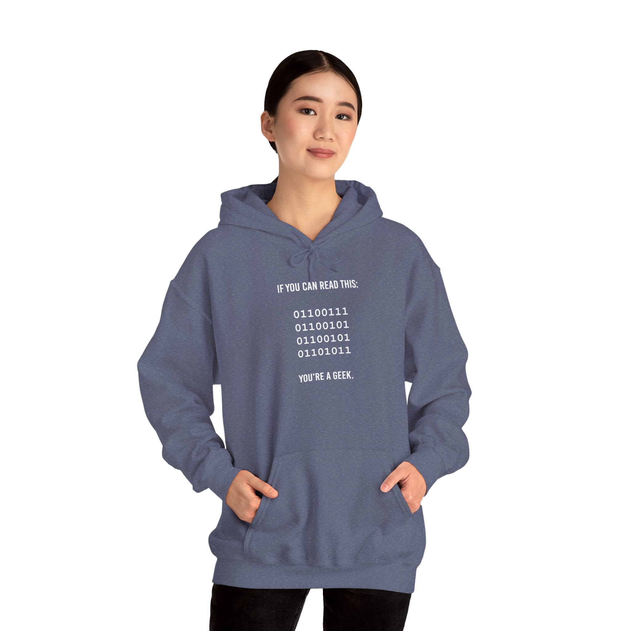 Geek Binary Code hoodie in Heather Navy, worn by a model