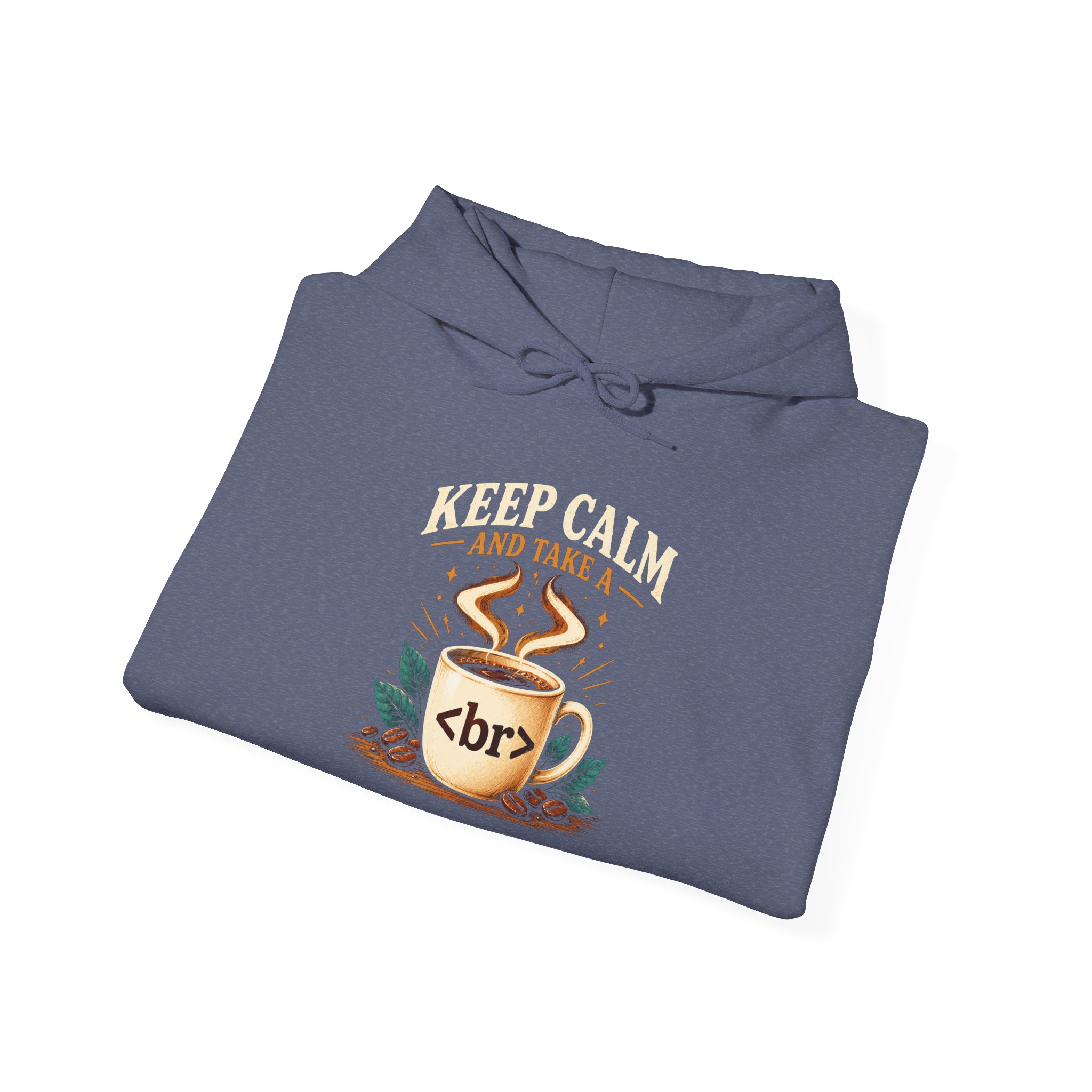 Keep Calm Coffee Break hoodie in Heather Navy, folded