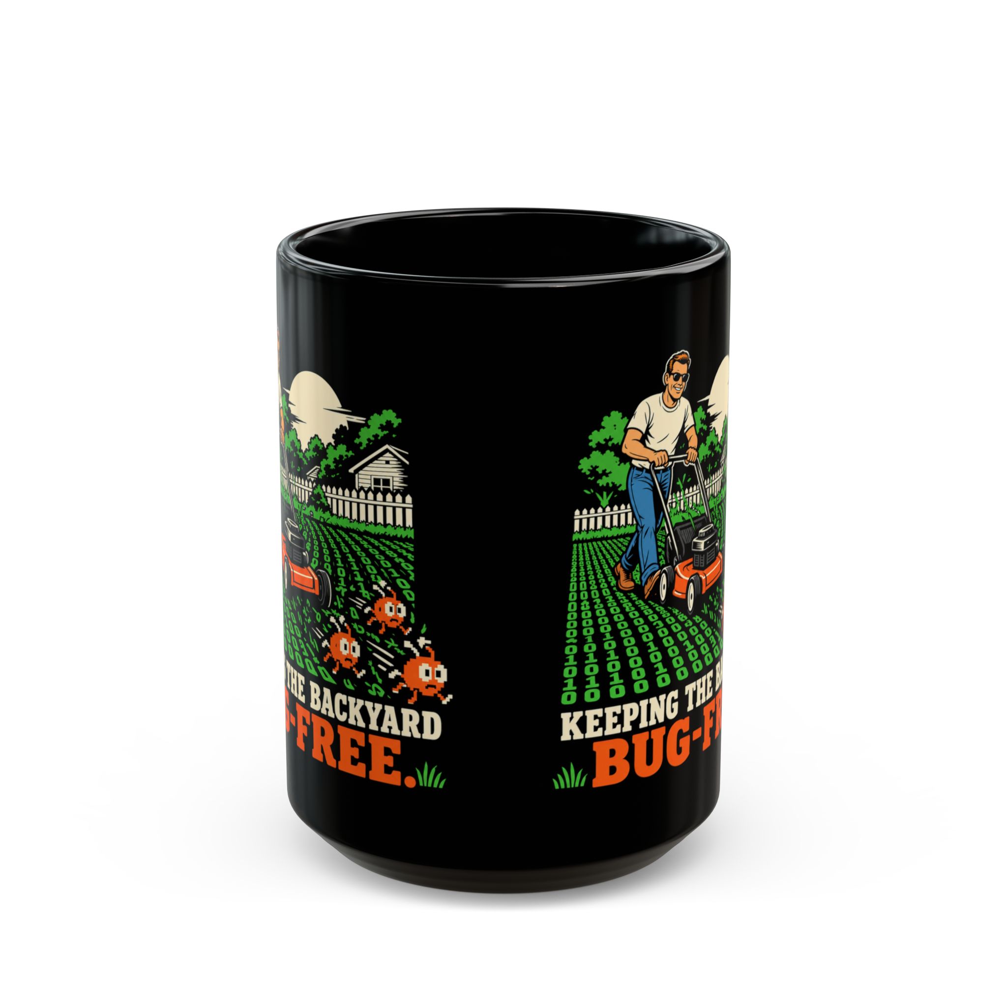 Bug-Free Backyard black mug, 15 oz, front view