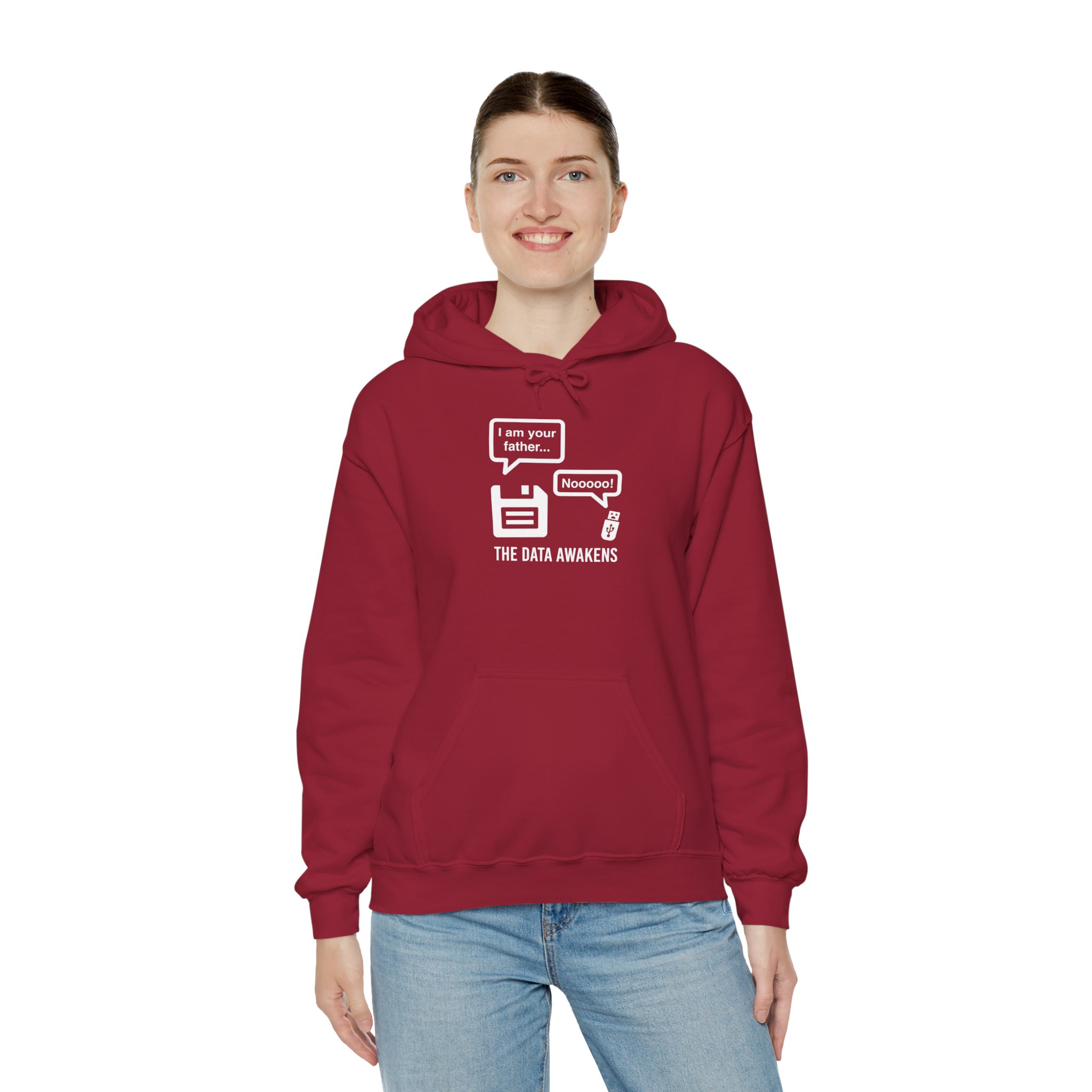 The Data Awakens hoodie in Cardinal Red, worn by a model, third view