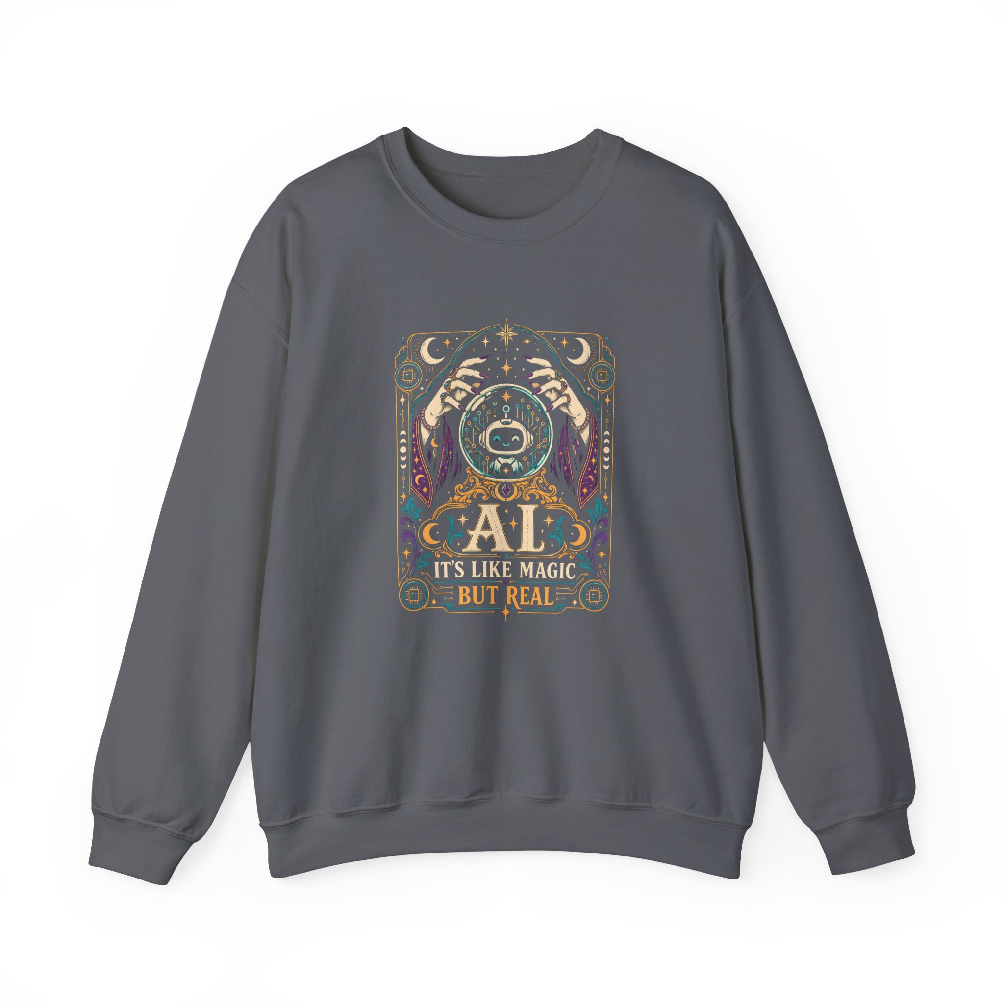 AI Magic Crystal Ball crewneck sweatshirt in Charcoal, front view