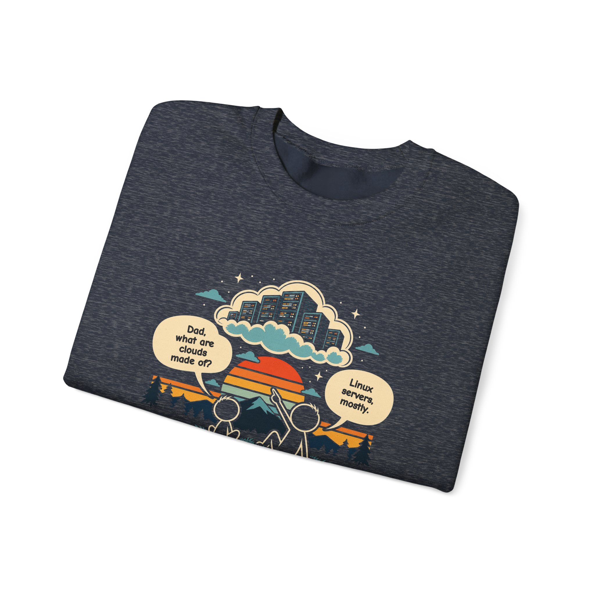 Linux Clouds crewneck sweatshirt in Heather Sport Dark Navy, folded