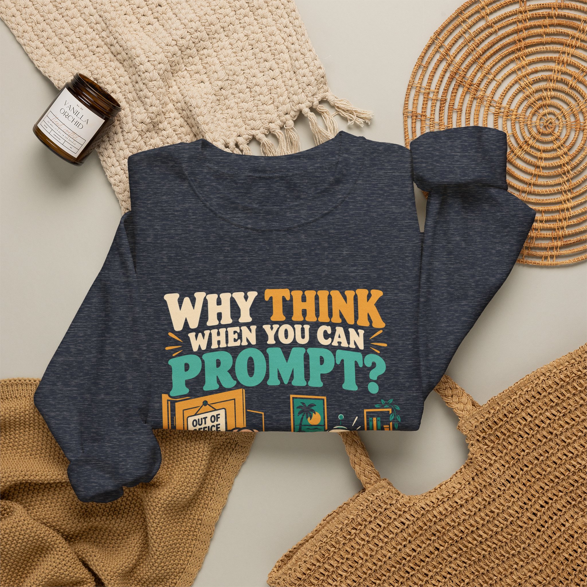 Prompt Out of Office crewneck sweatshirt in Heather Sport Dark Navy, folded 2