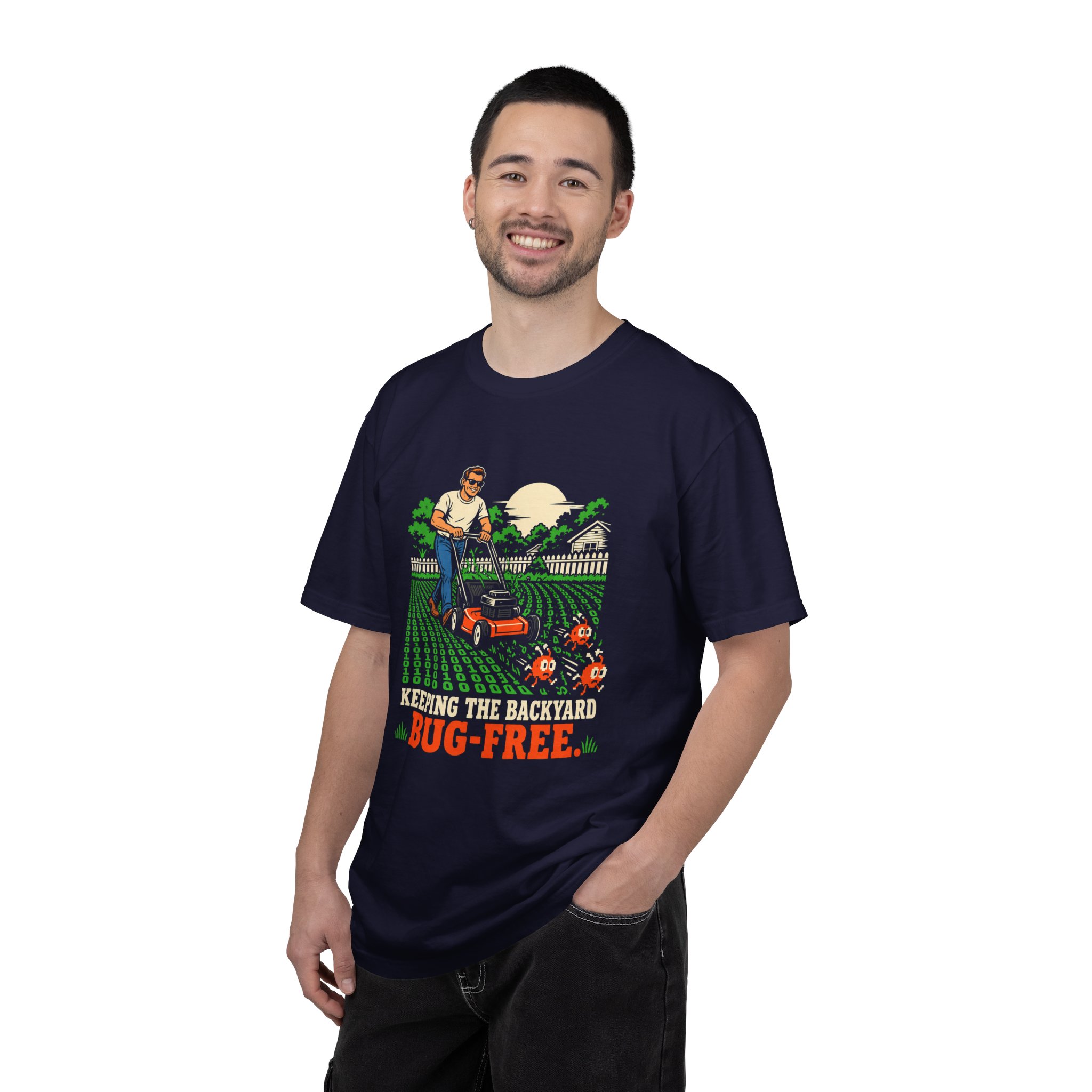 Bug-Free Backyard T-shirt in True Navy, worn by a man