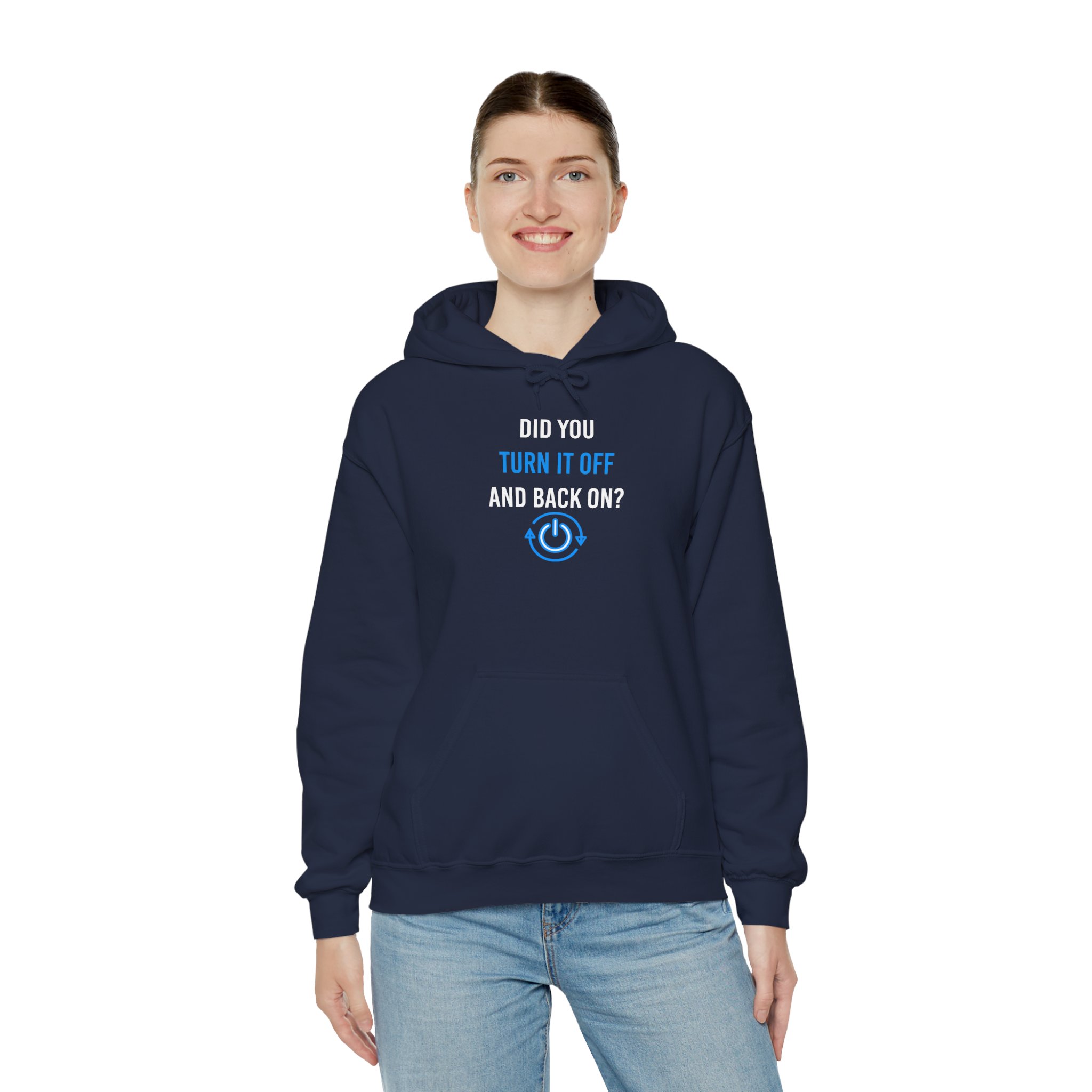 Did You Turn It Off and Back On? hoodie in Navy, worn by a model, third view
