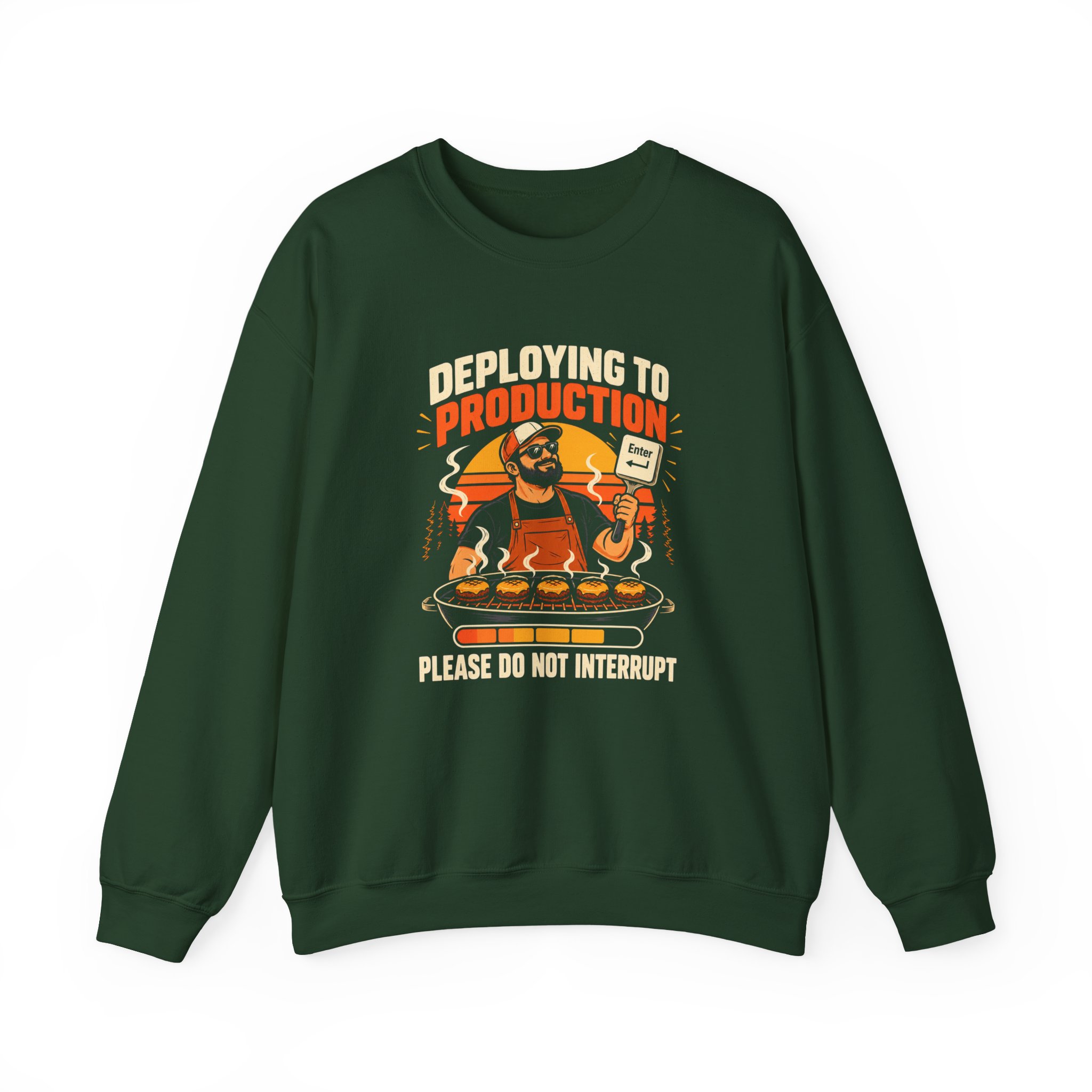 Deploying to Production crewneck sweatshirt in Forest Green, front view