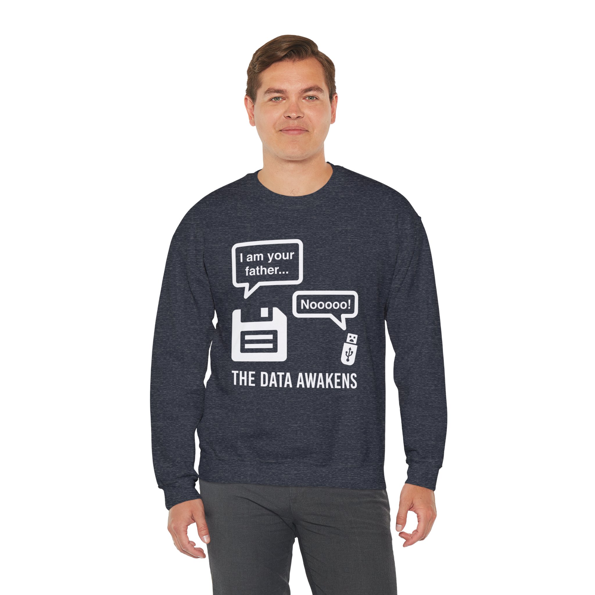 The Data Awakens crewneck sweatshirt in Heather Sport Dark Navy, worn by a model, third view