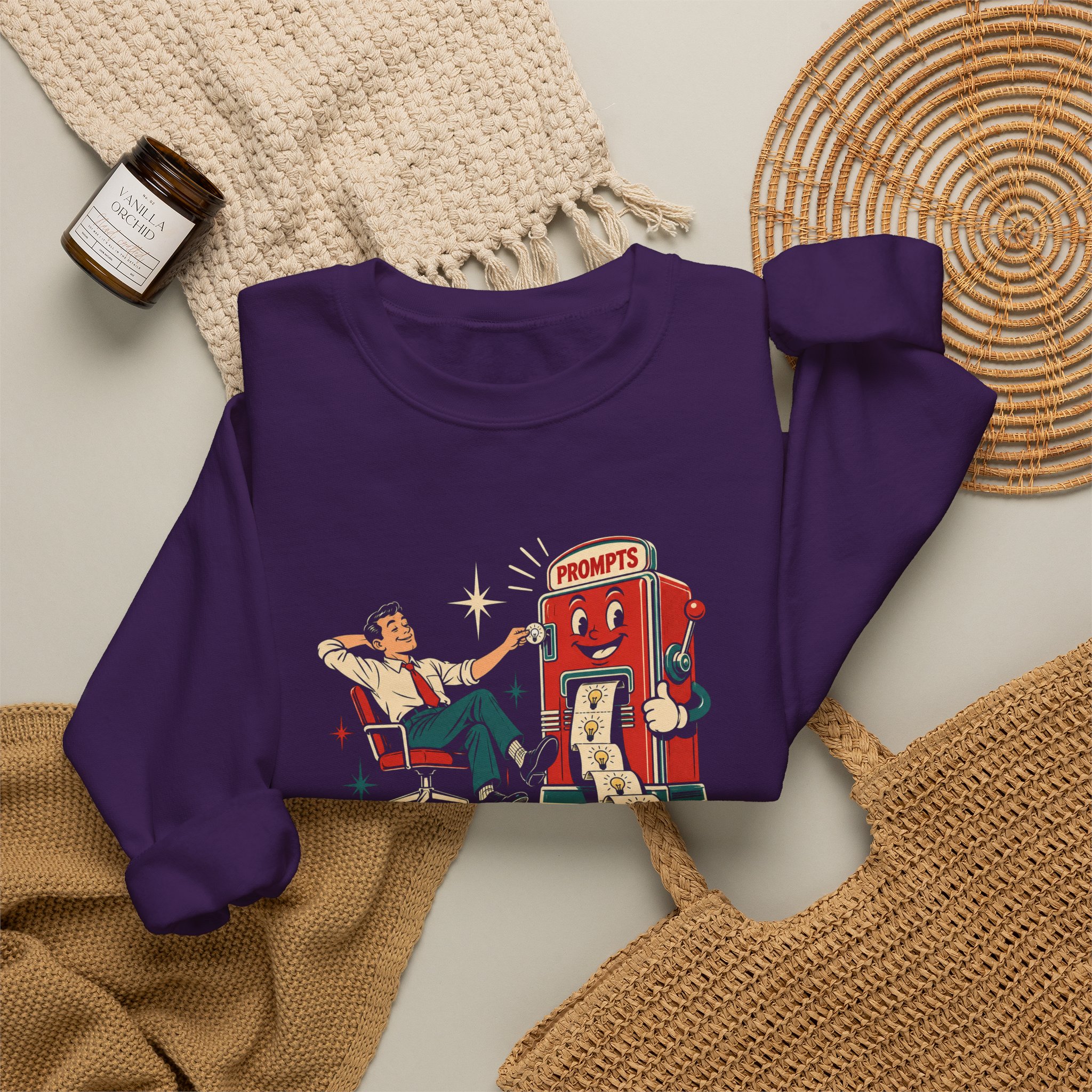 Prompt Machine crewneck sweatshirt in Purple, folded 2