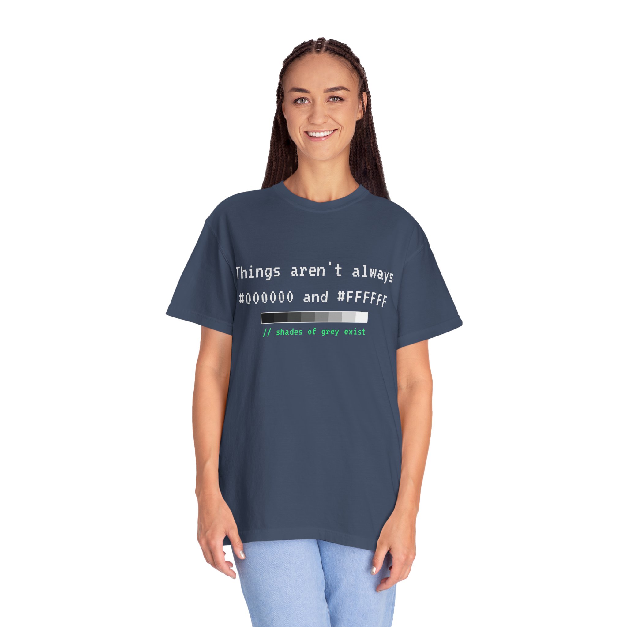 Shades of Grey Exist T-shirt in Midnight, worn by a woman