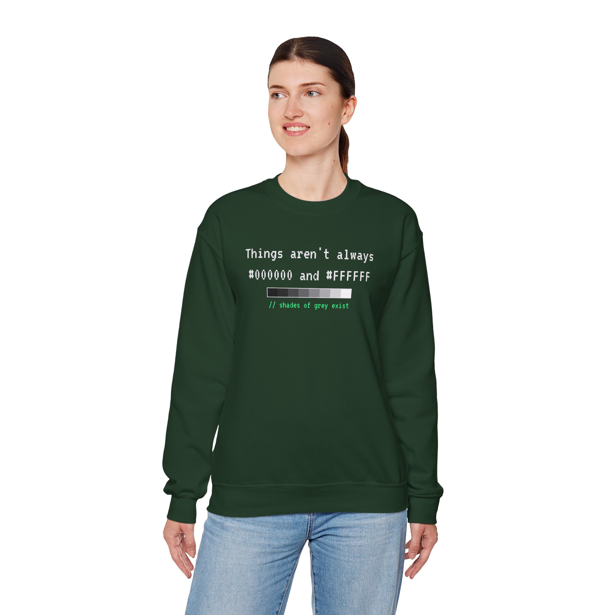 Shades of Grey Exist crewneck sweatshirt in Forest Green, worn by a model, fourth view