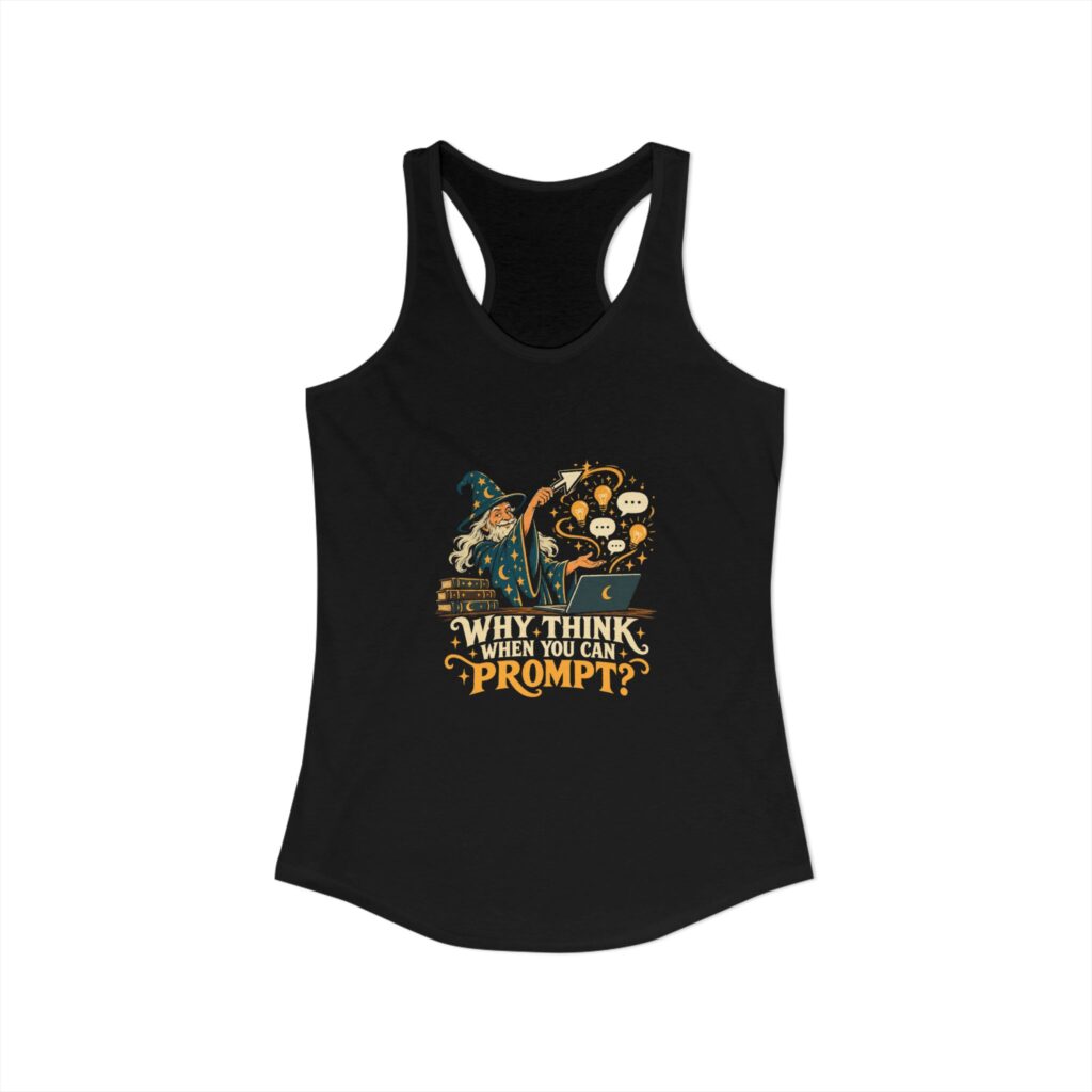Prompt Wizard women's racerback tank in Solid Black, front view