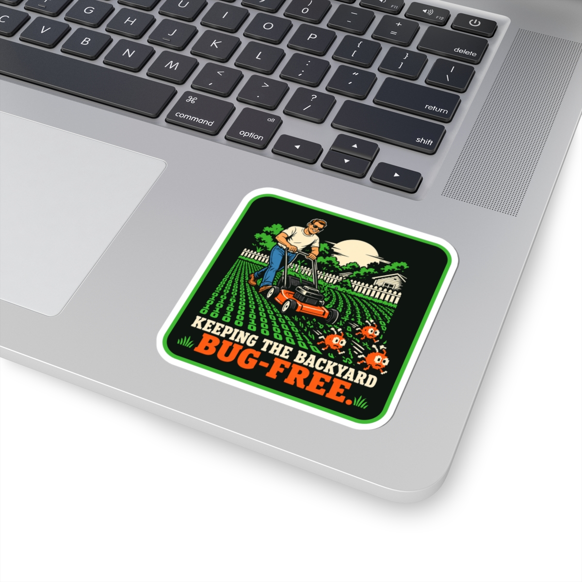 Bug-Free Backyard sticker, 3 inch, on a laptop
