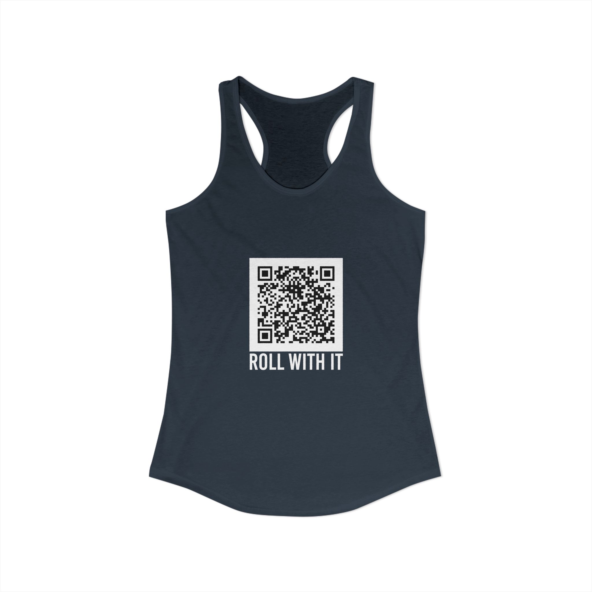Roll With It QR Code women's racerback tank in Solid Indigo, front view
