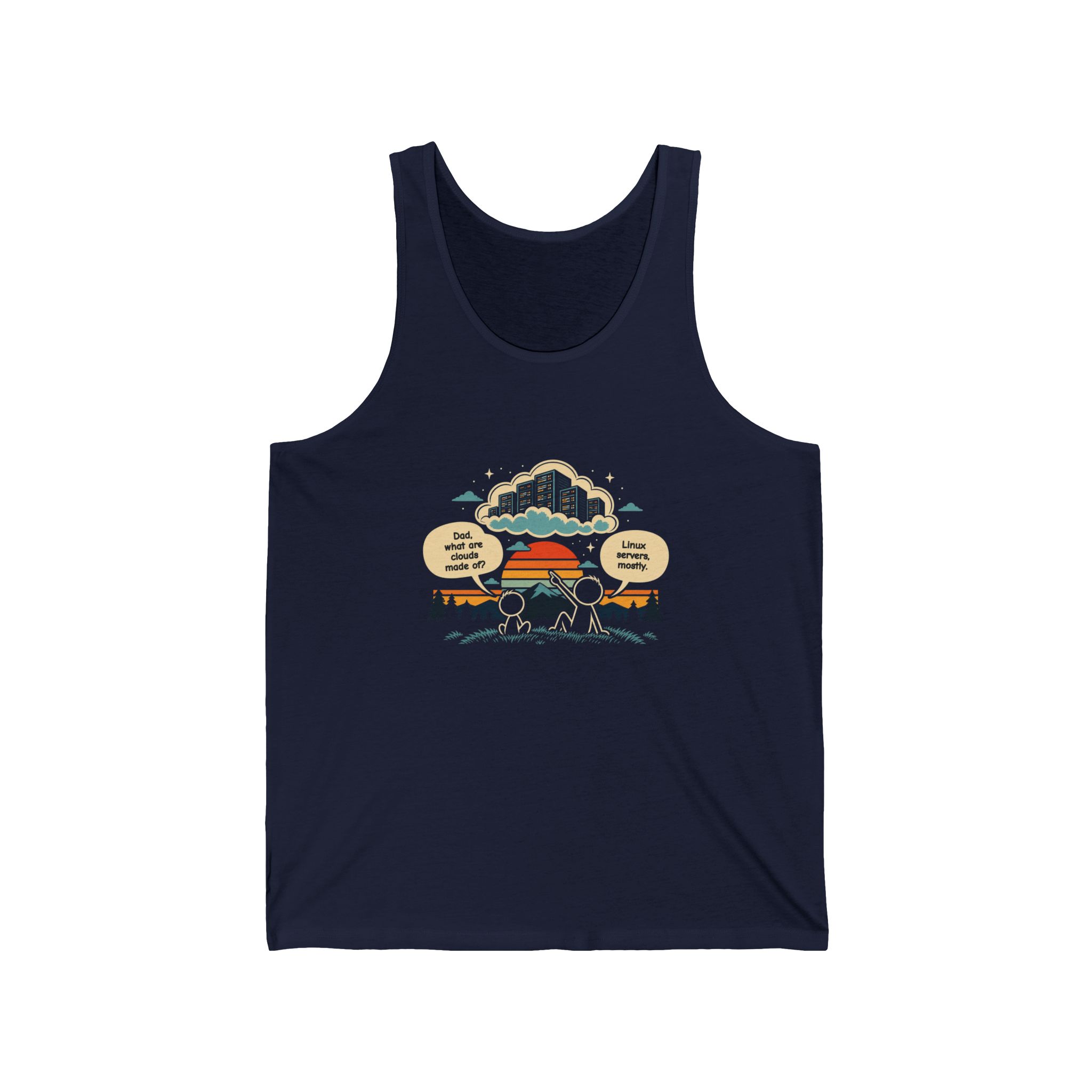 Linux Clouds unisex tank in Navy, front view