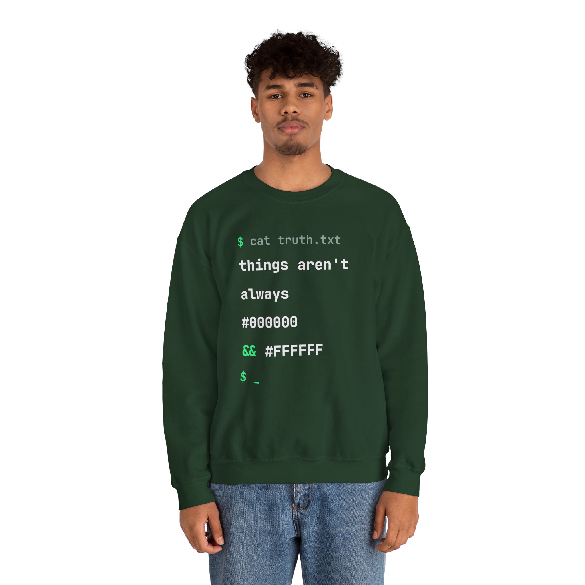 cat truth.txt crewneck sweatshirt in Forest Green, worn by a model, second view