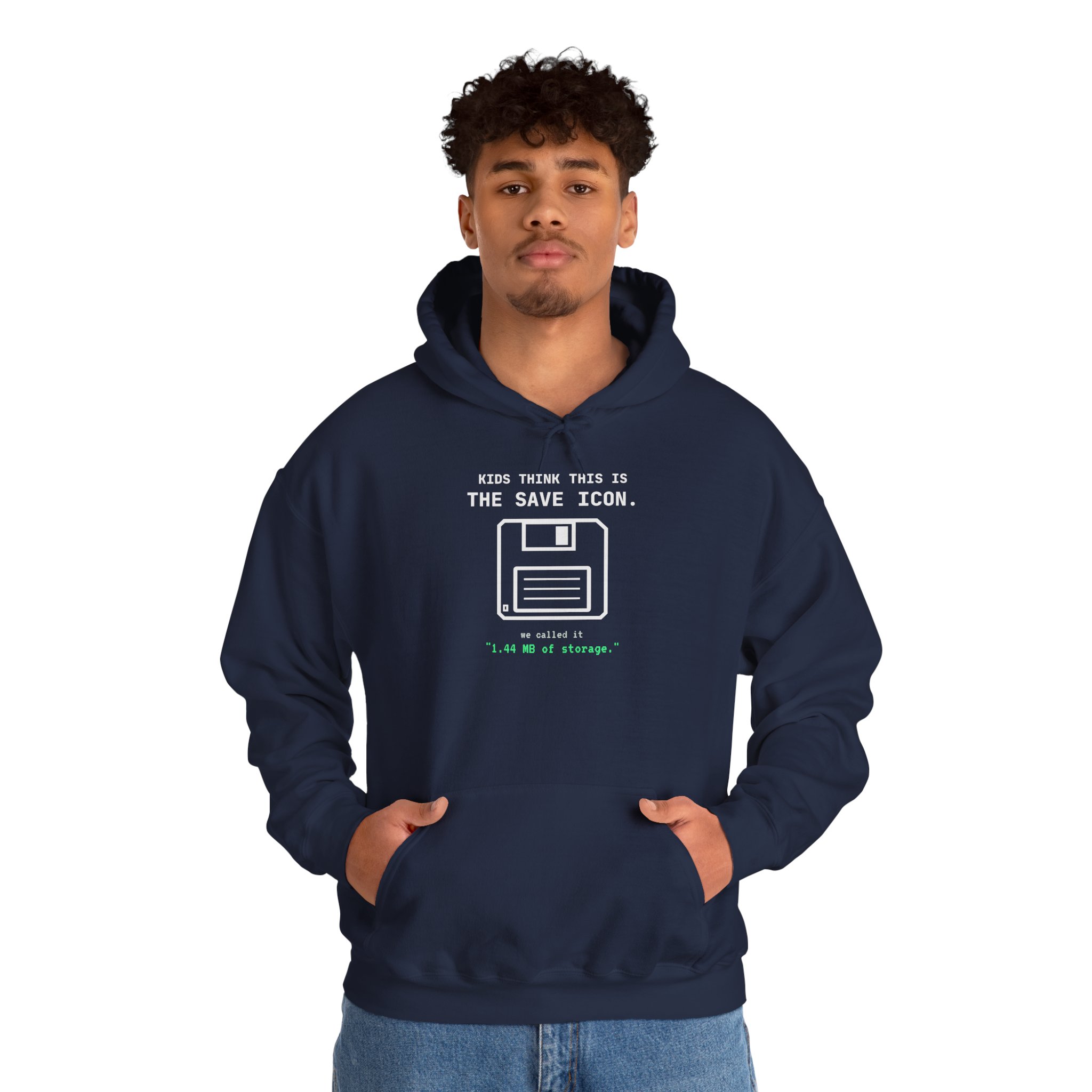 The Original Save Icon hoodie in Navy, worn by a model, second view