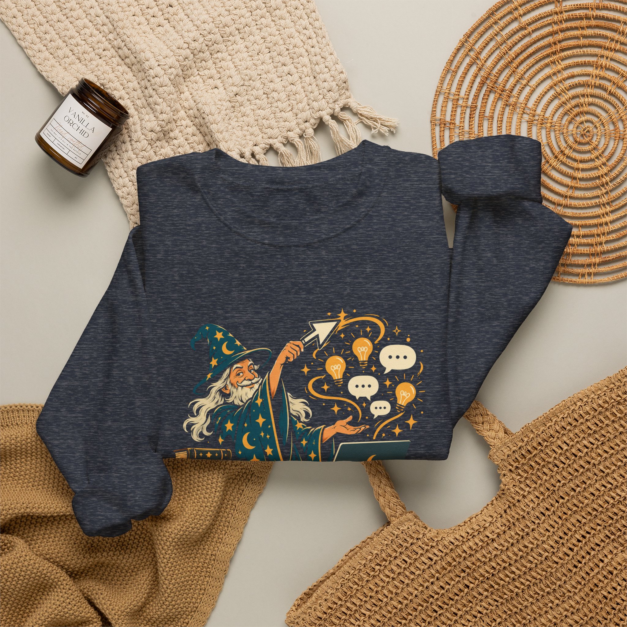 Prompt Wizard crewneck sweatshirt in Heather Sport Dark Navy, folded 2