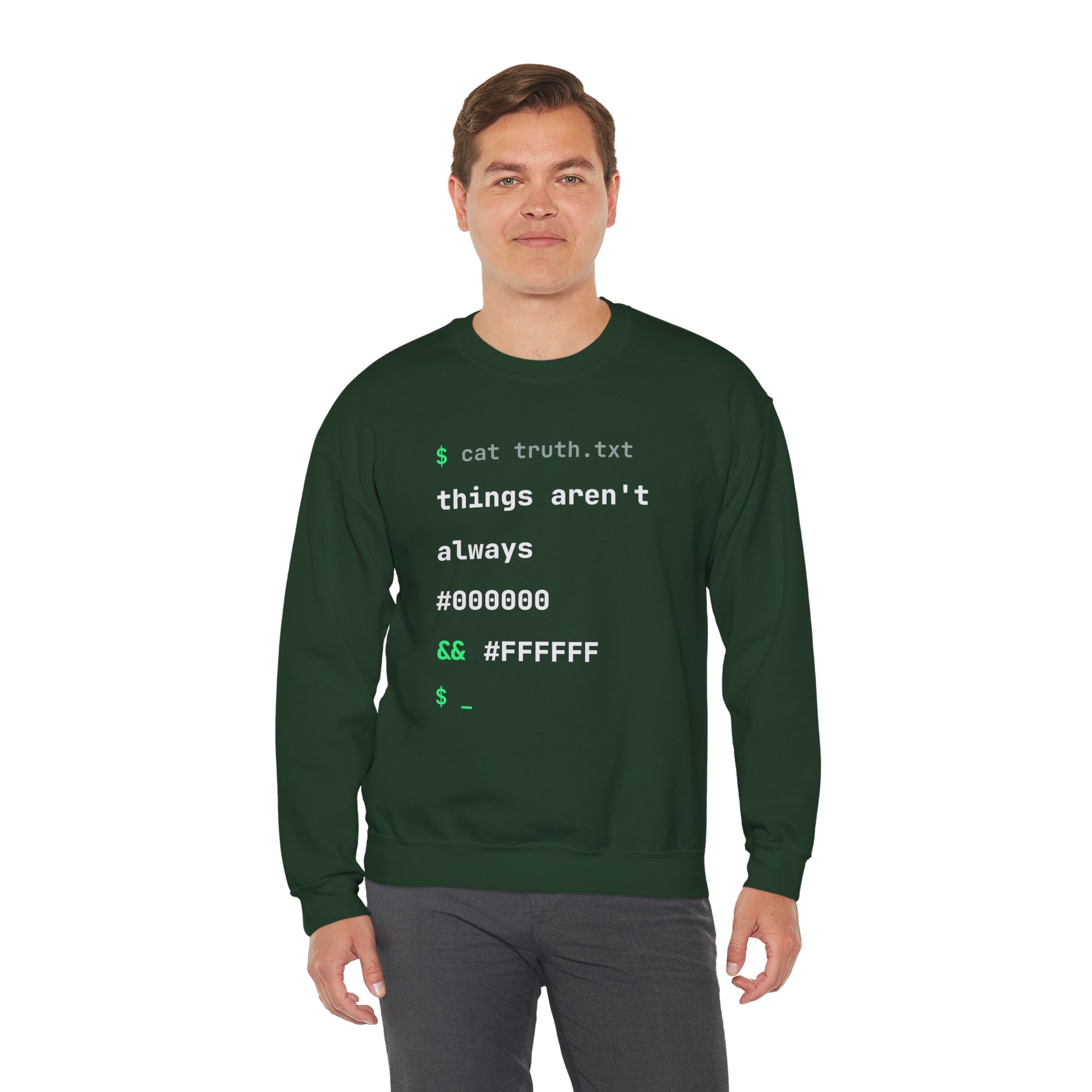 cat truth.txt crewneck sweatshirt in Forest Green, worn by a model, third view