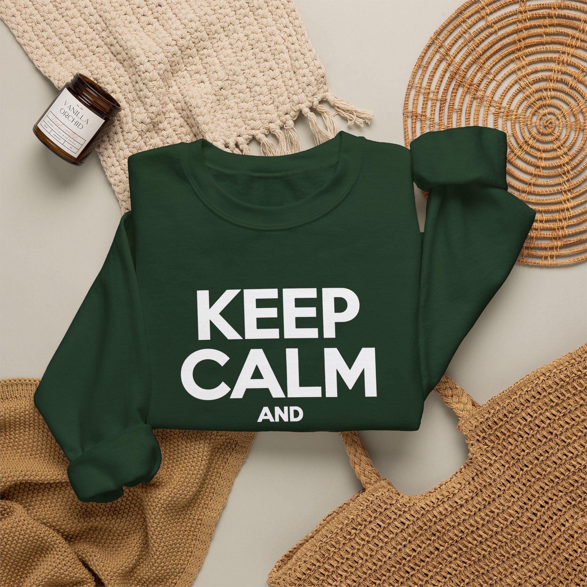 Keep Calm and Take a Break crewneck sweatshirt in Forest Green, folded 2