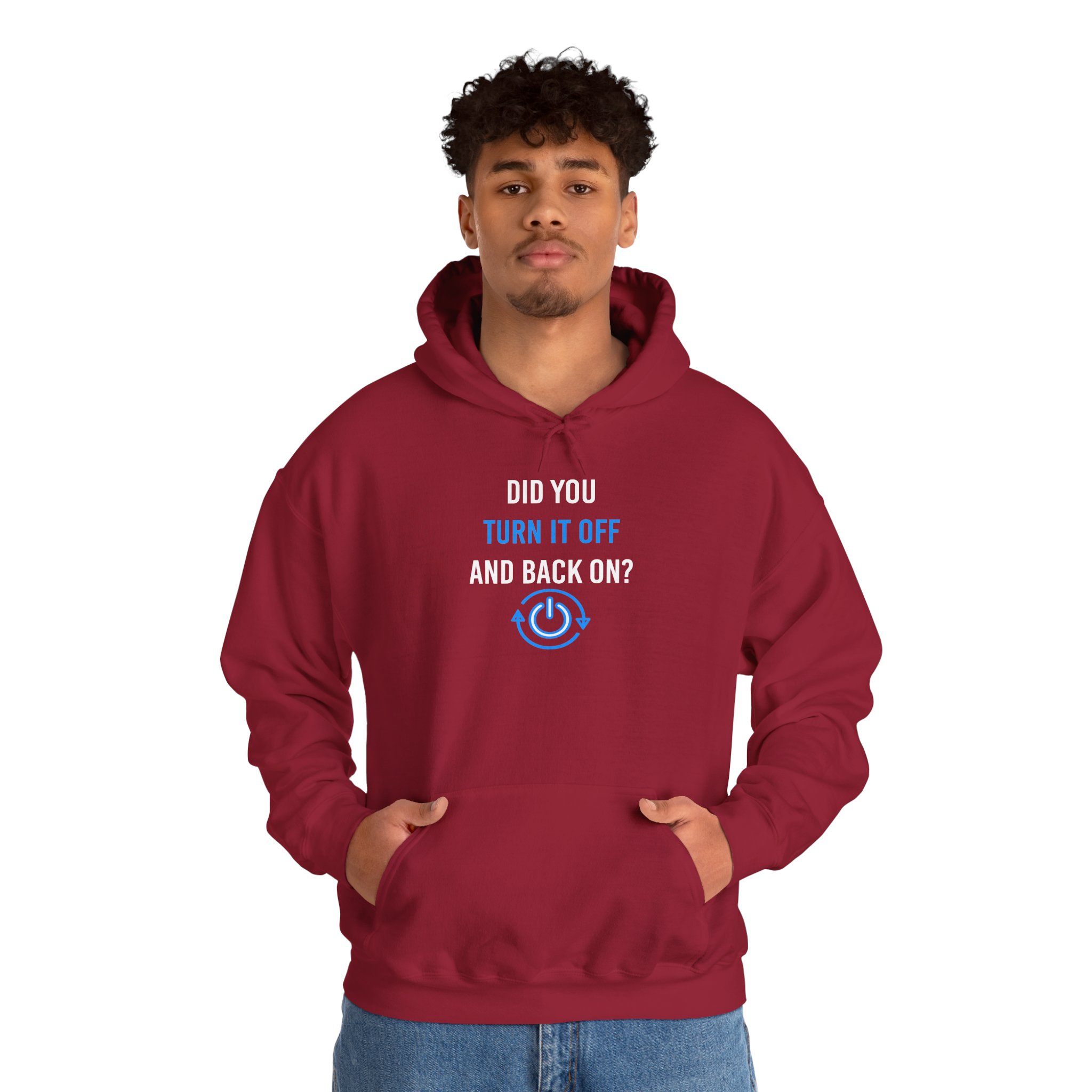 Did You Turn It Off and Back On? hoodie in Cardinal Red, worn by a model, second view