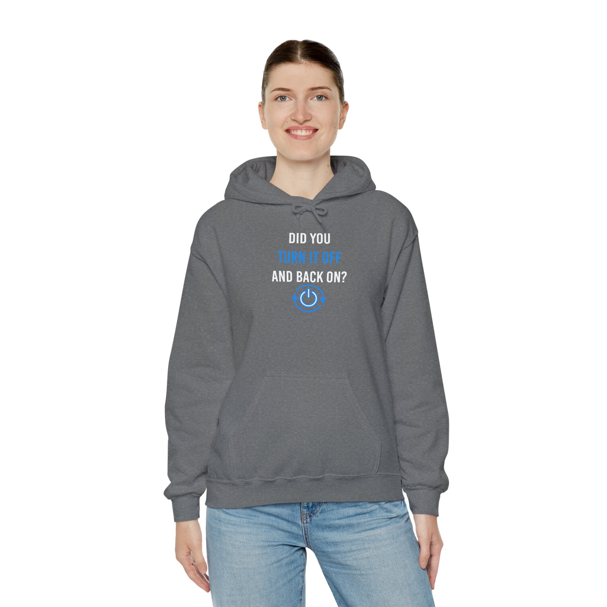 Did You Turn It Off and Back On? hoodie in Graphite Heather, worn by a model, third view