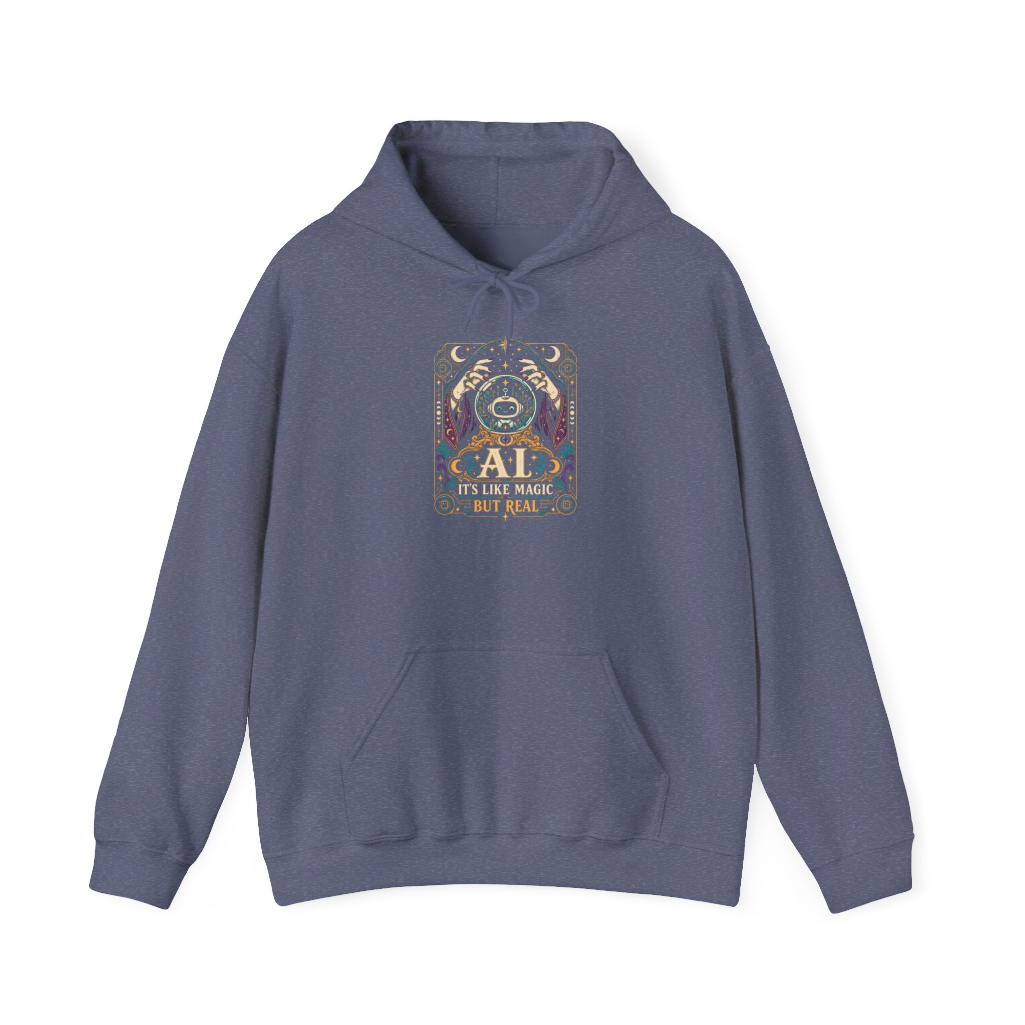 AI Magic Crystal Ball hoodie in Heather Navy, front view
