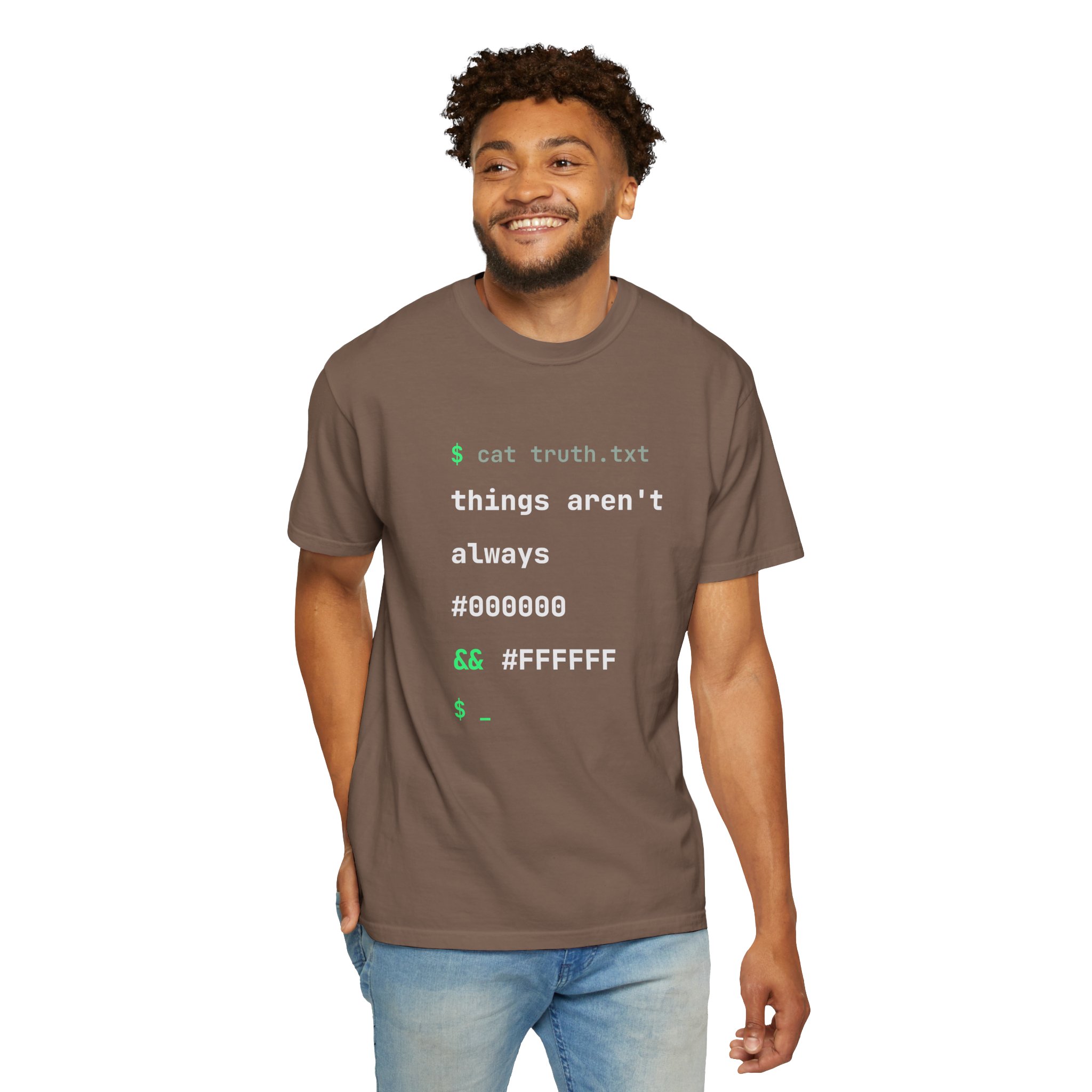 cat truth.txt T-shirt in Espresso, worn by a man, second model