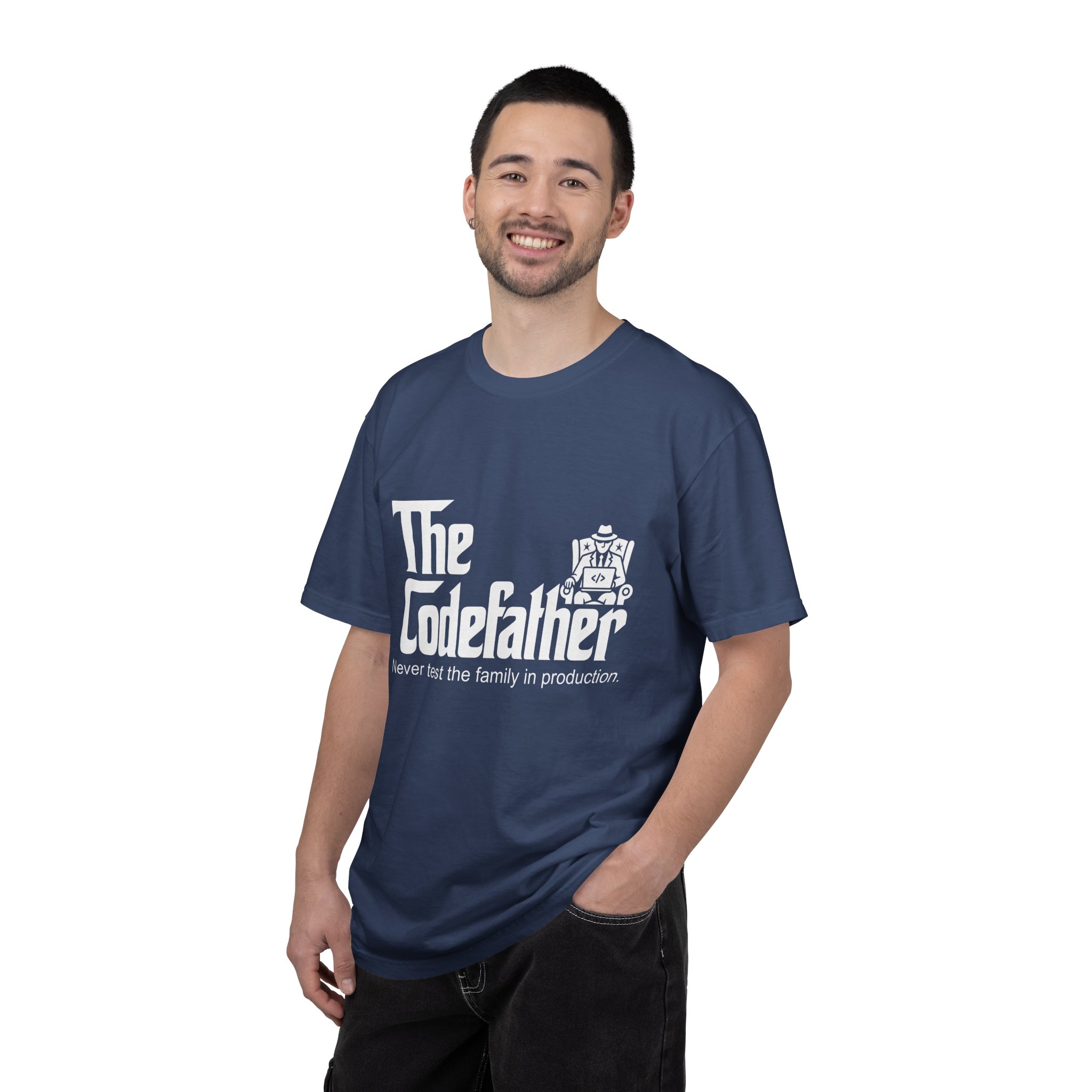 The Codefather T-shirt in China Blue, worn by a man