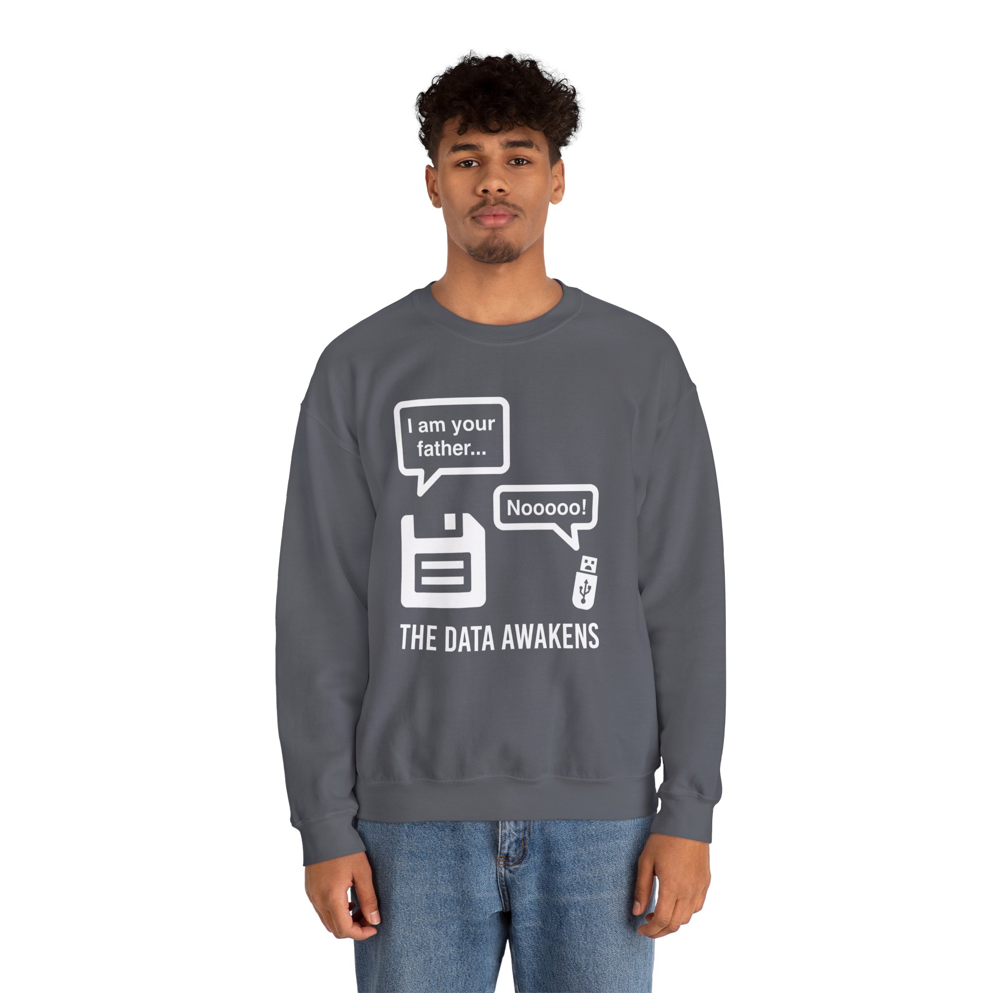 The Data Awakens crewneck sweatshirt in Charcoal, worn by a model, second view