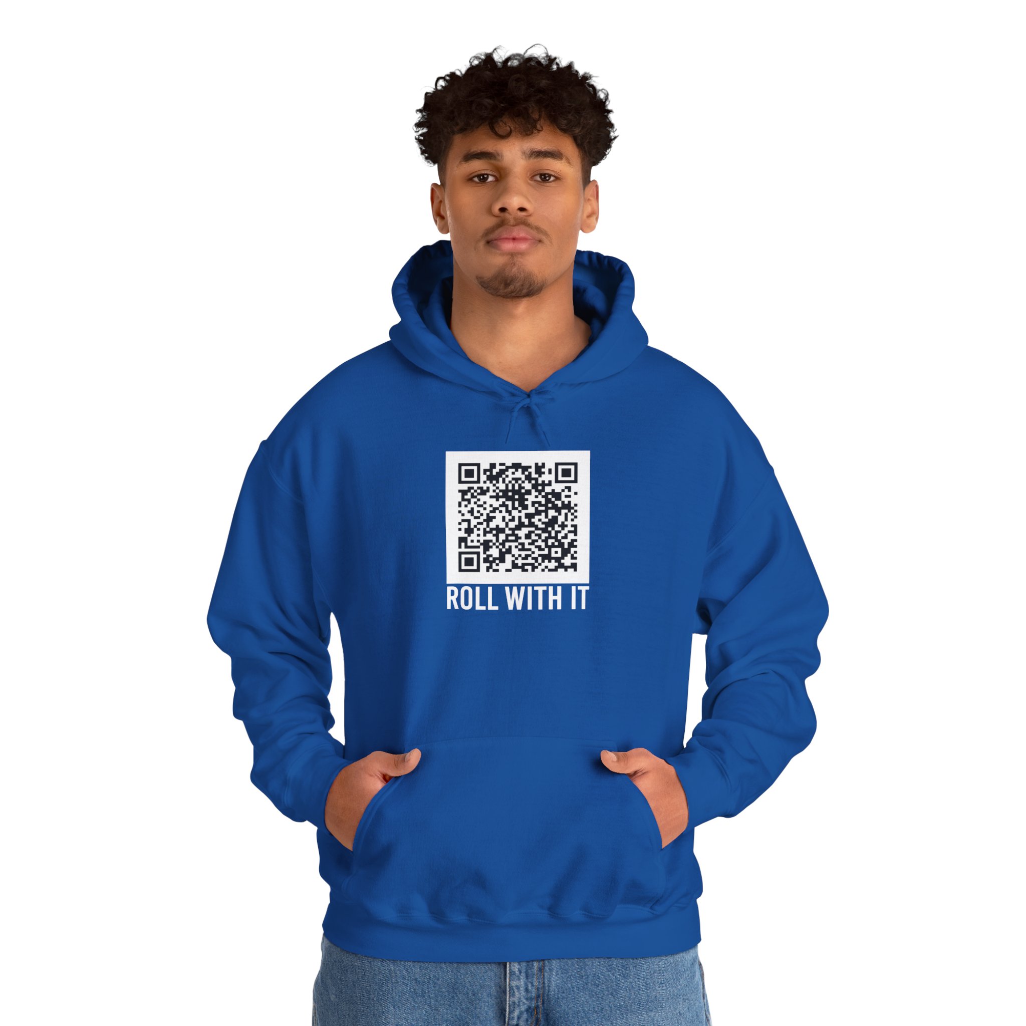 Roll With It QR Code hoodie in Royal, worn by a model, second view