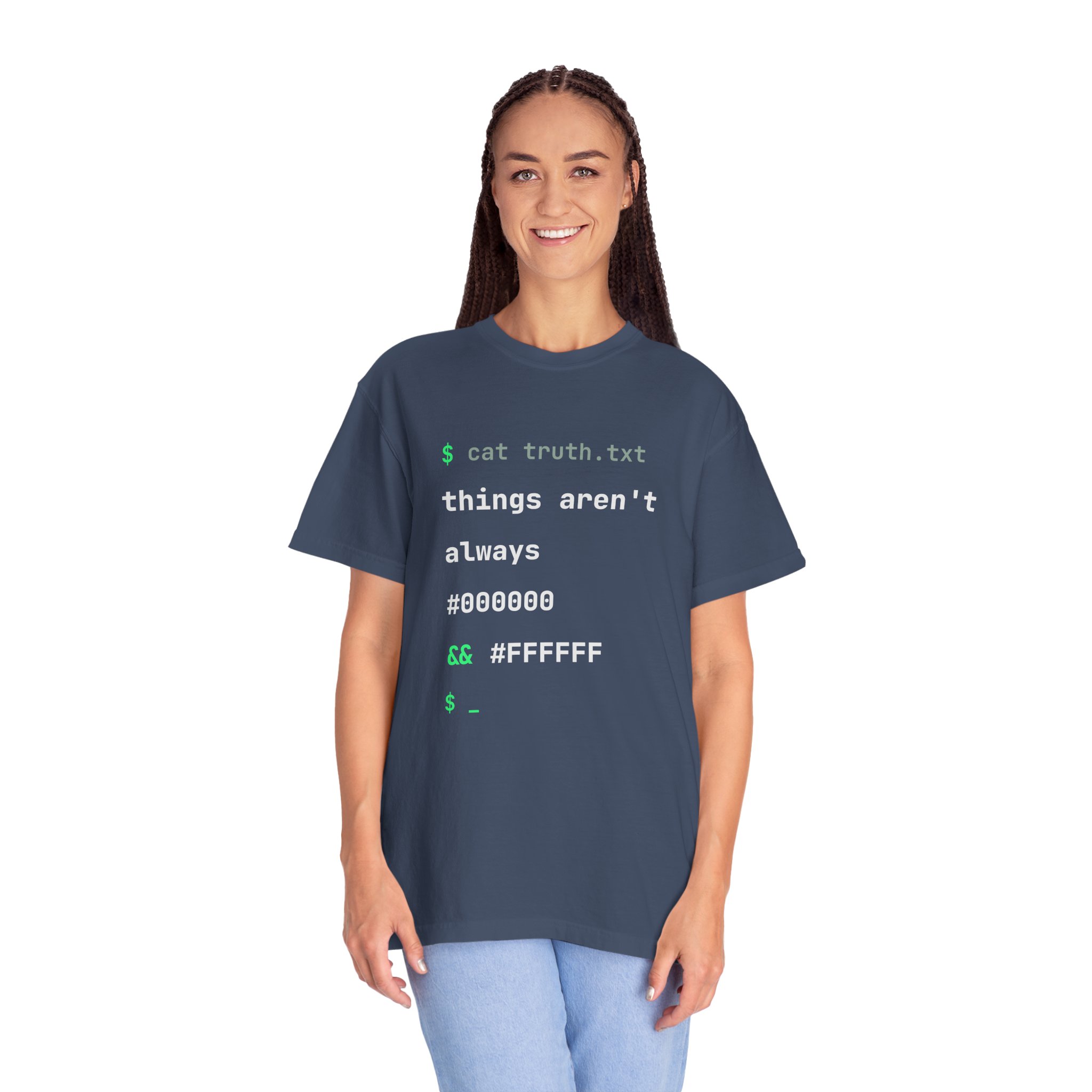 cat truth.txt T-shirt in Midnight, worn by a woman