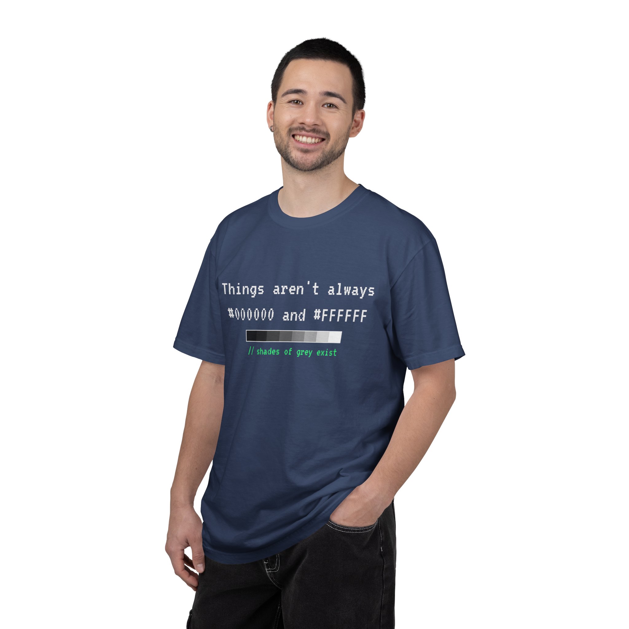 Shades of Grey Exist T-shirt in China Blue, worn by a man