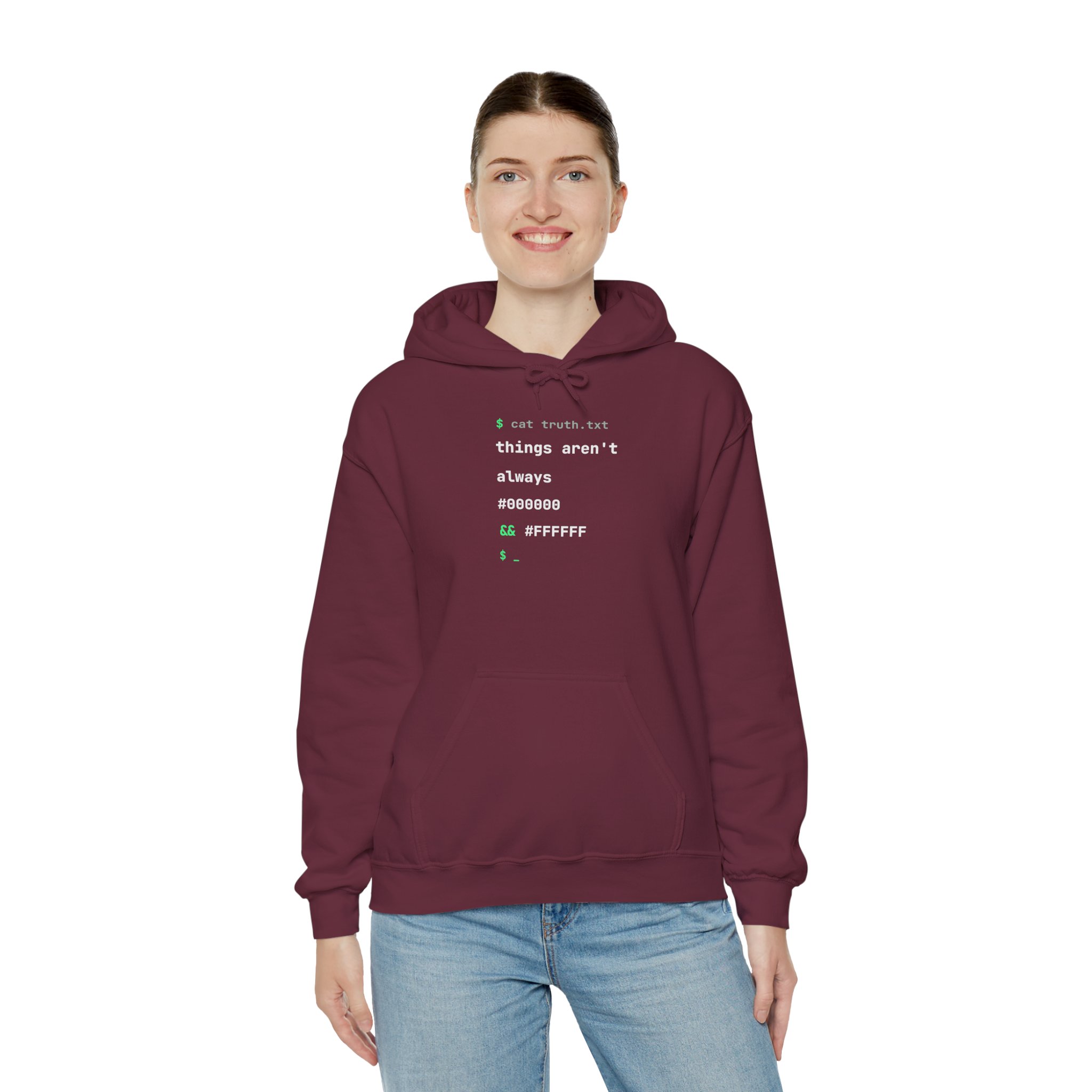 cat truth.txt hoodie in Maroon, worn by a model, third view