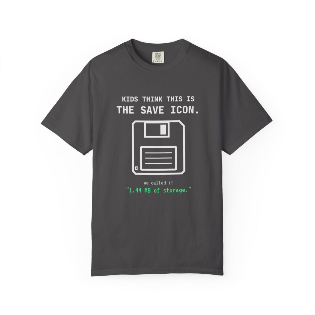 The Original Save Icon T-shirt in Graphite, front view