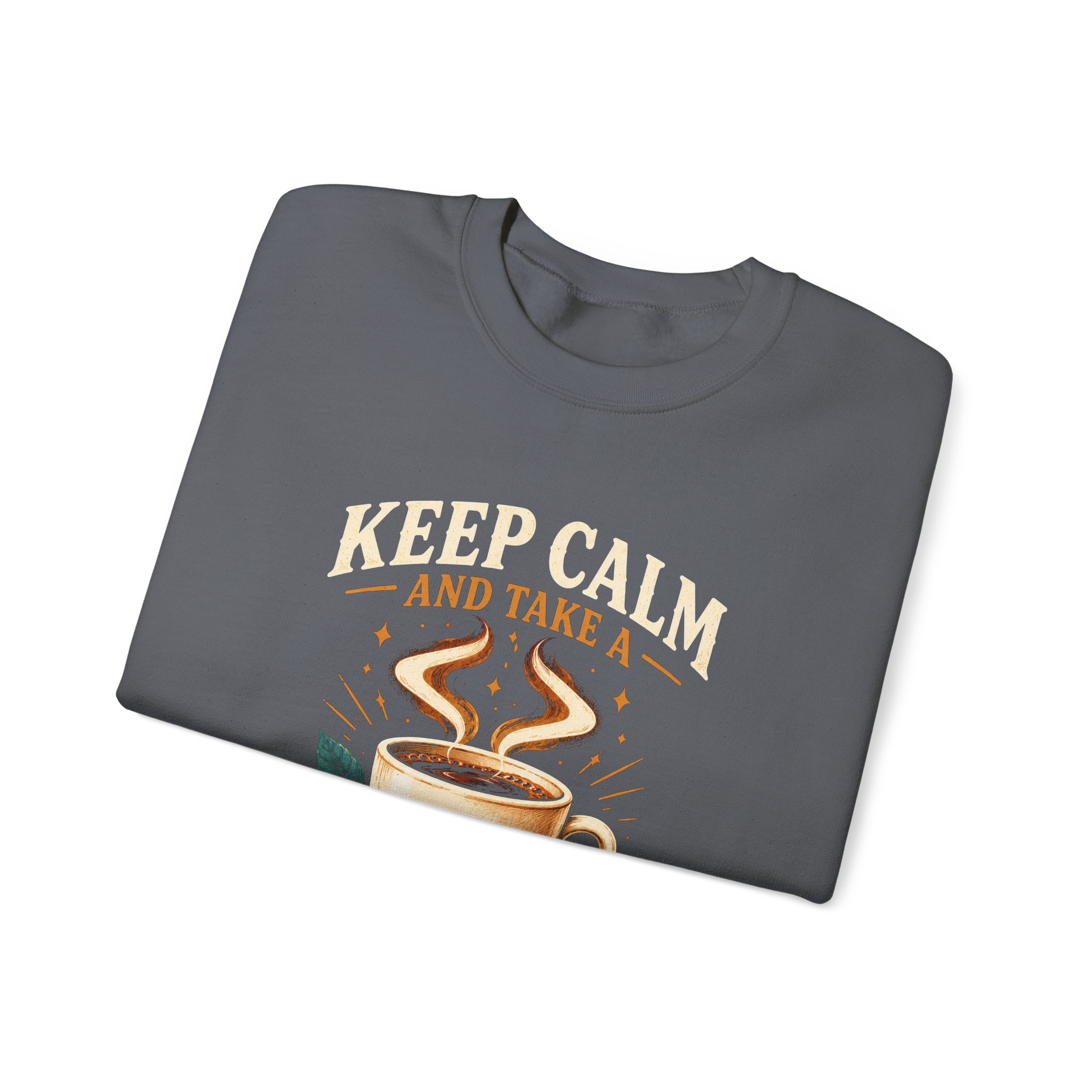 Keep Calm Coffee Break crewneck sweatshirt in Charcoal, folded