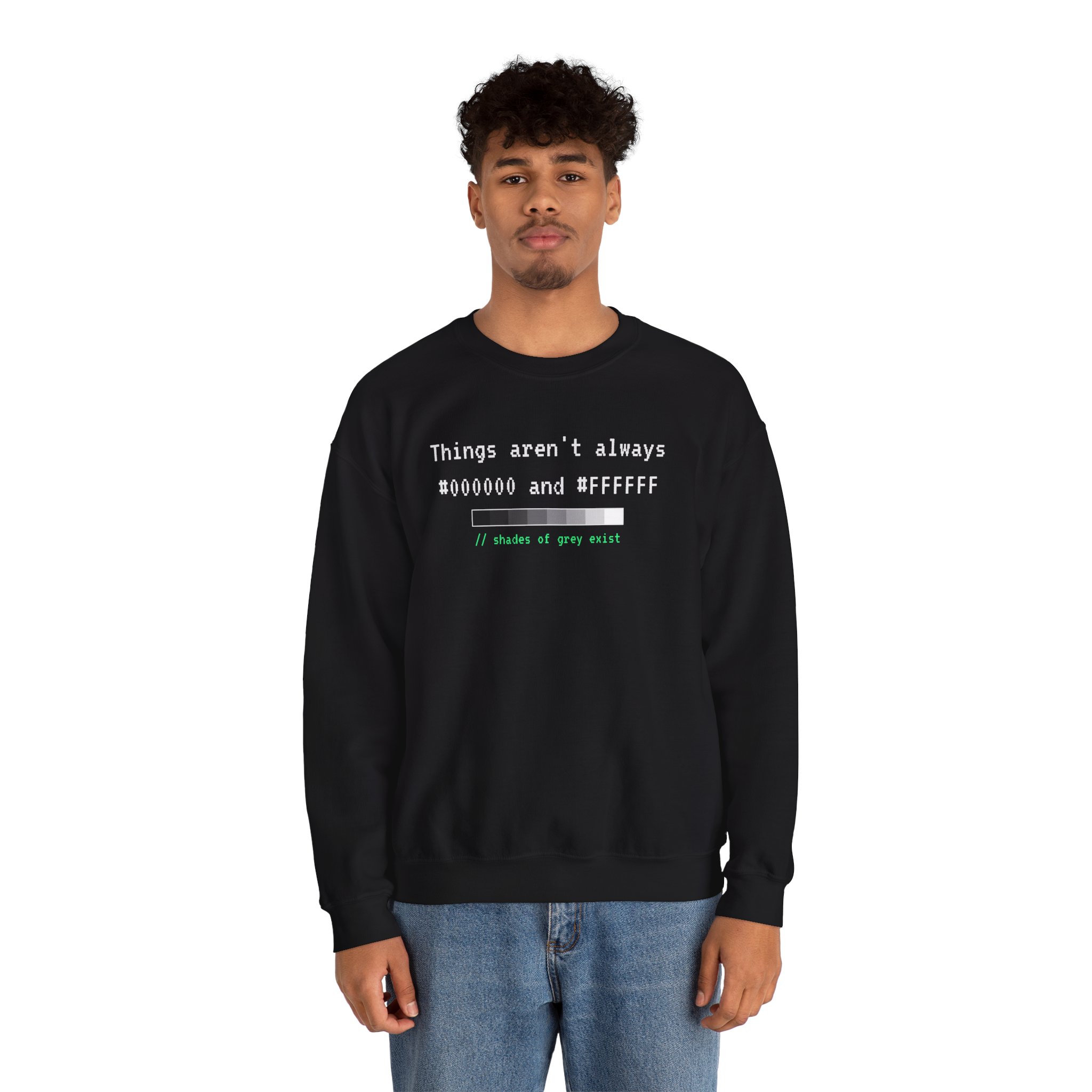 Shades of Grey Exist crewneck sweatshirt in Black, worn by a model, second view