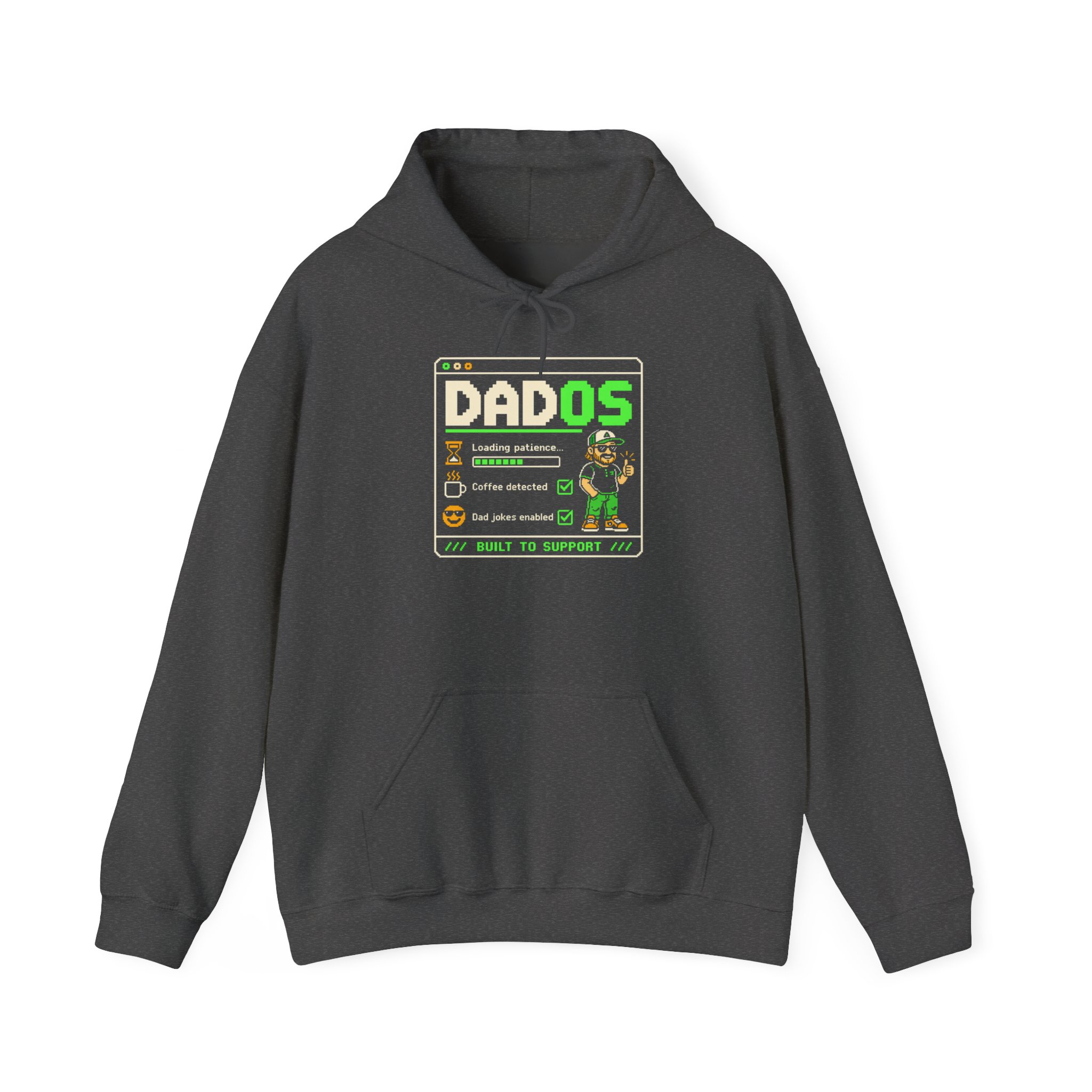 DadOS hoodie in Dark Heather, front view