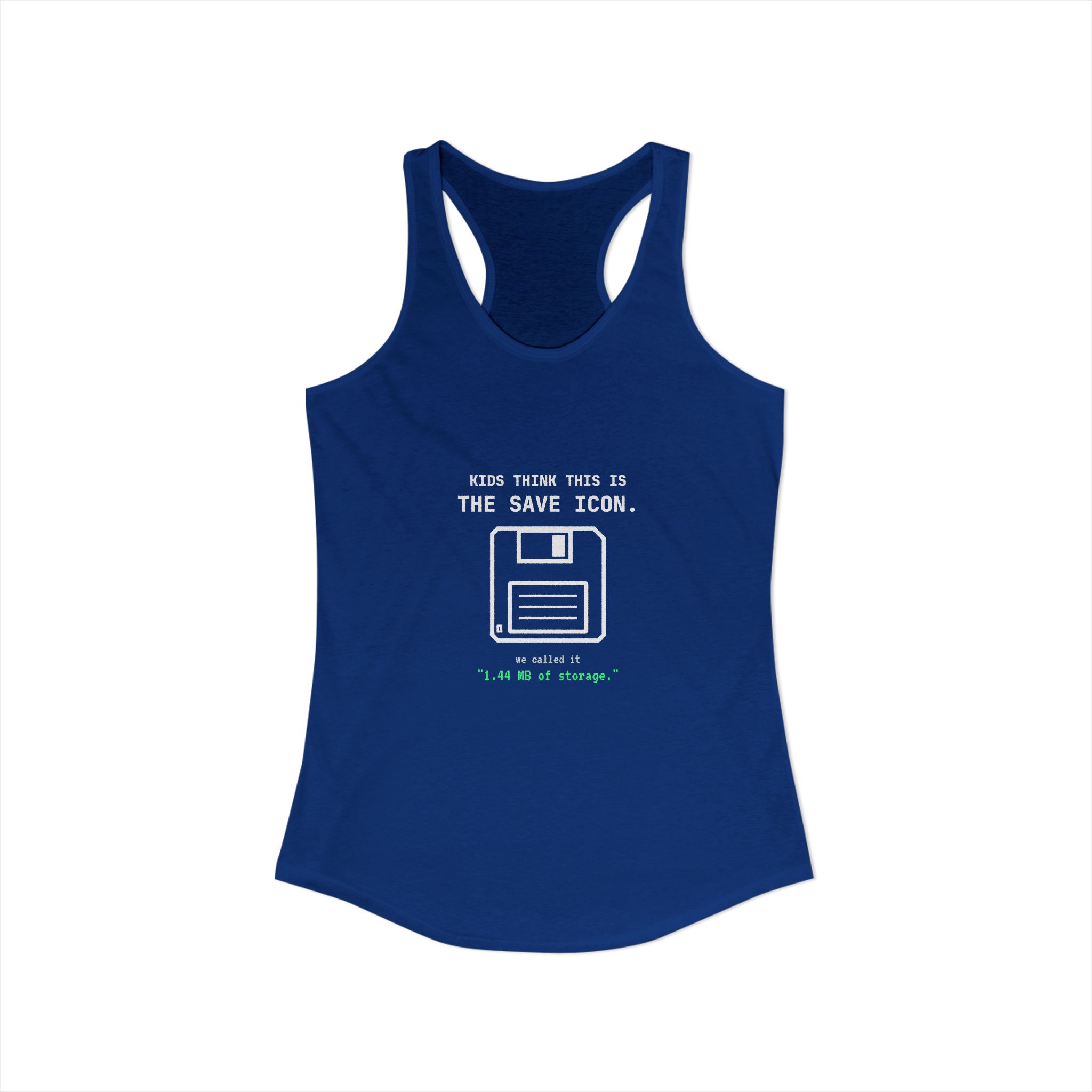 The Original Save Icon women's racerback tank in Solid Royal, front view