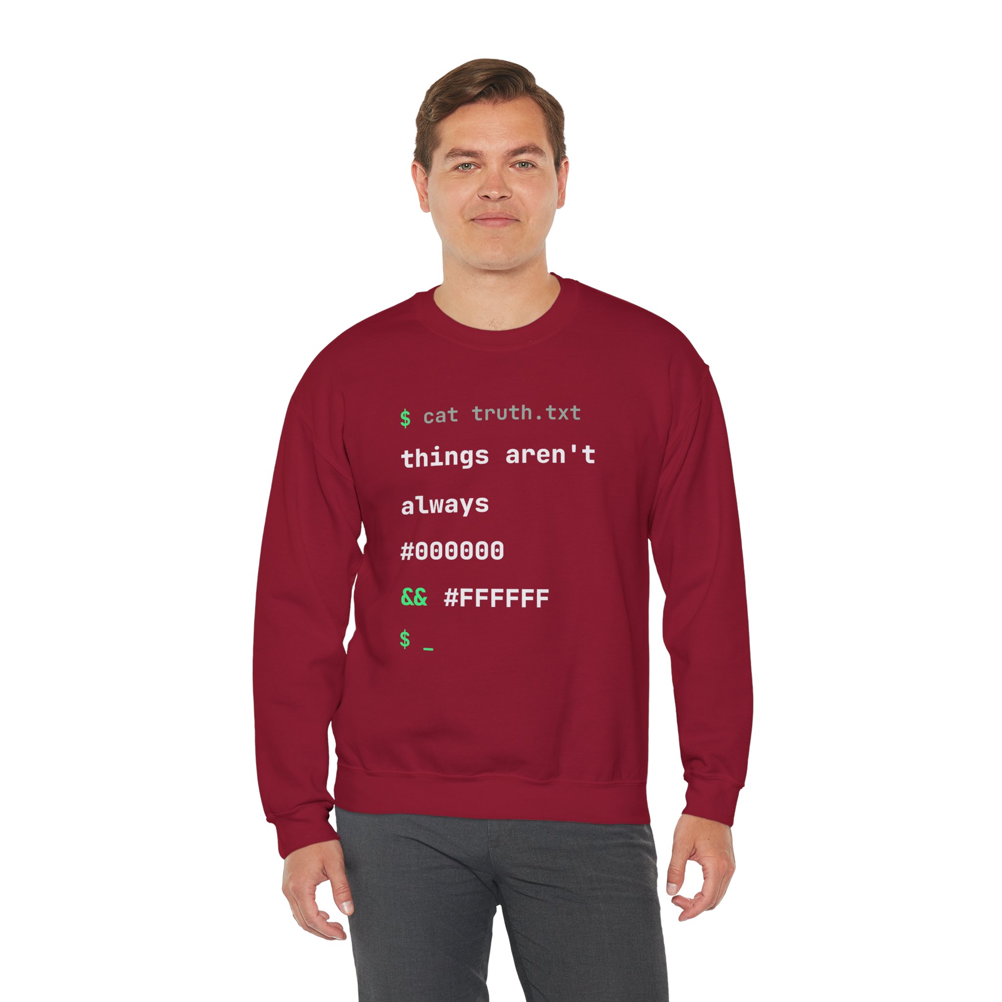 cat truth.txt crewneck sweatshirt in Cardinal Red, worn by a model, third view