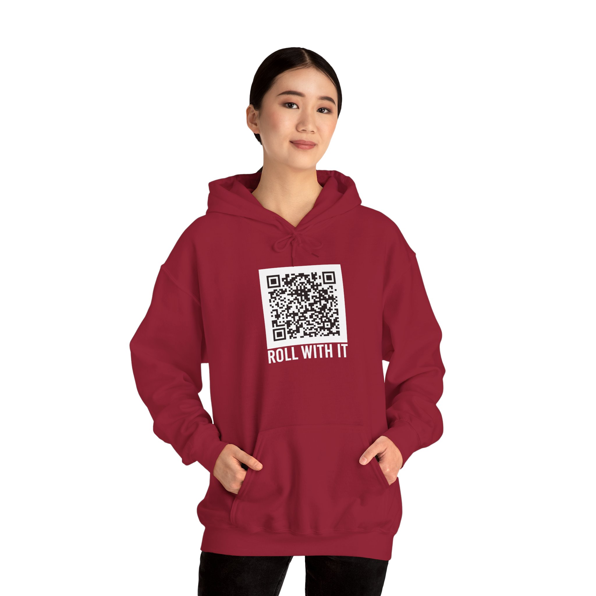 Roll With It QR Code hoodie in Cardinal Red, worn by a model