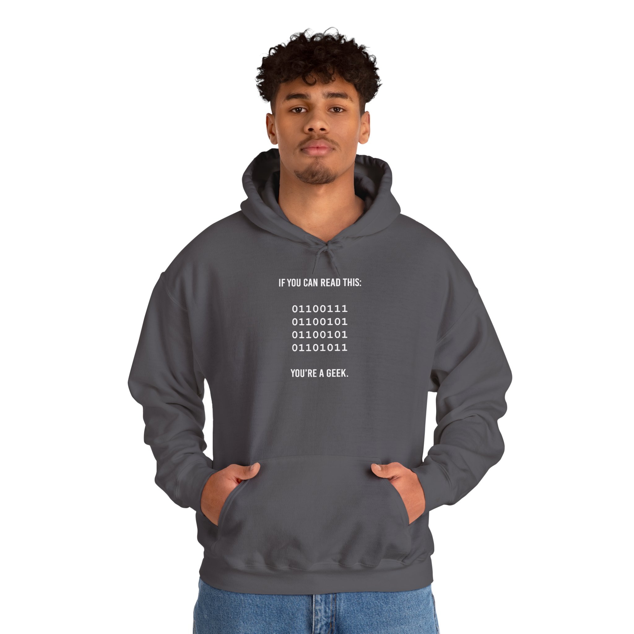 Geek Binary Code hoodie in Charcoal, worn by a model, second view