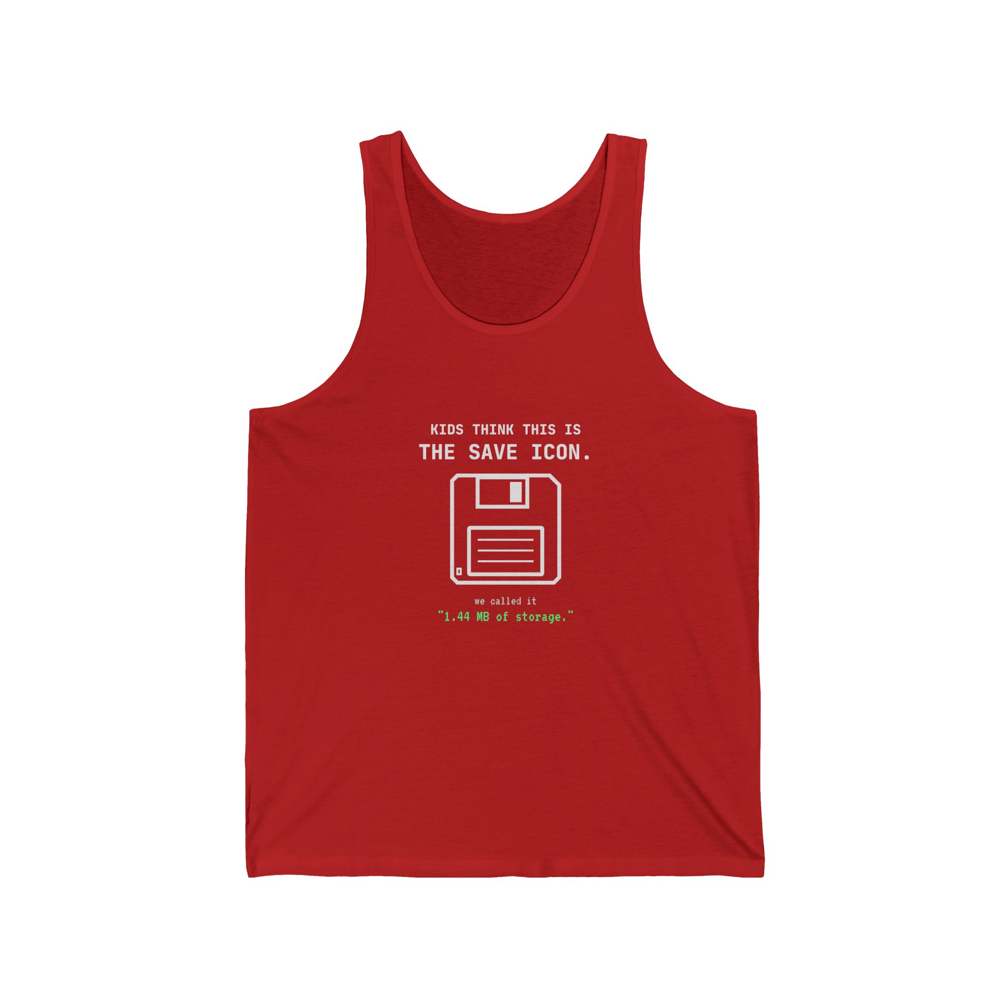The Original Save Icon unisex tank in Red, front view