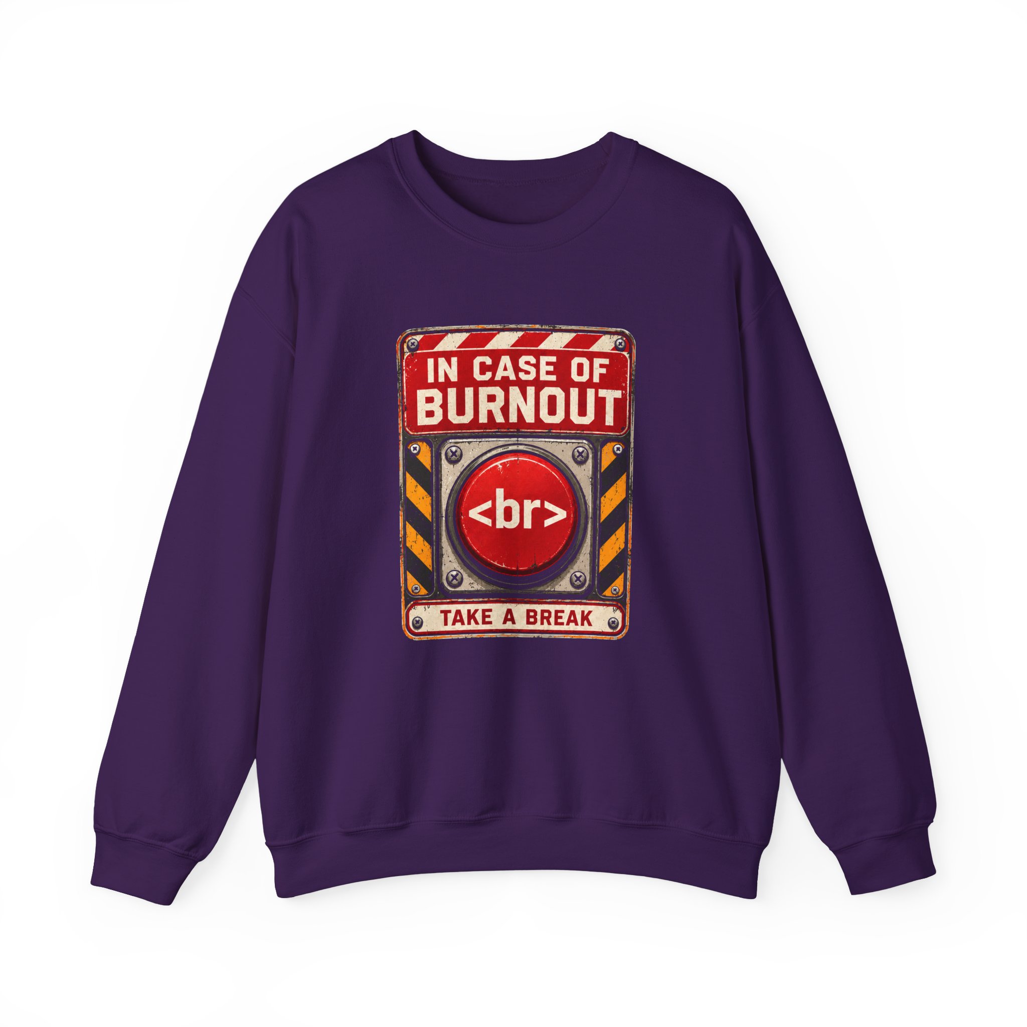 In Case of Burnout crewneck sweatshirt in Purple, front view