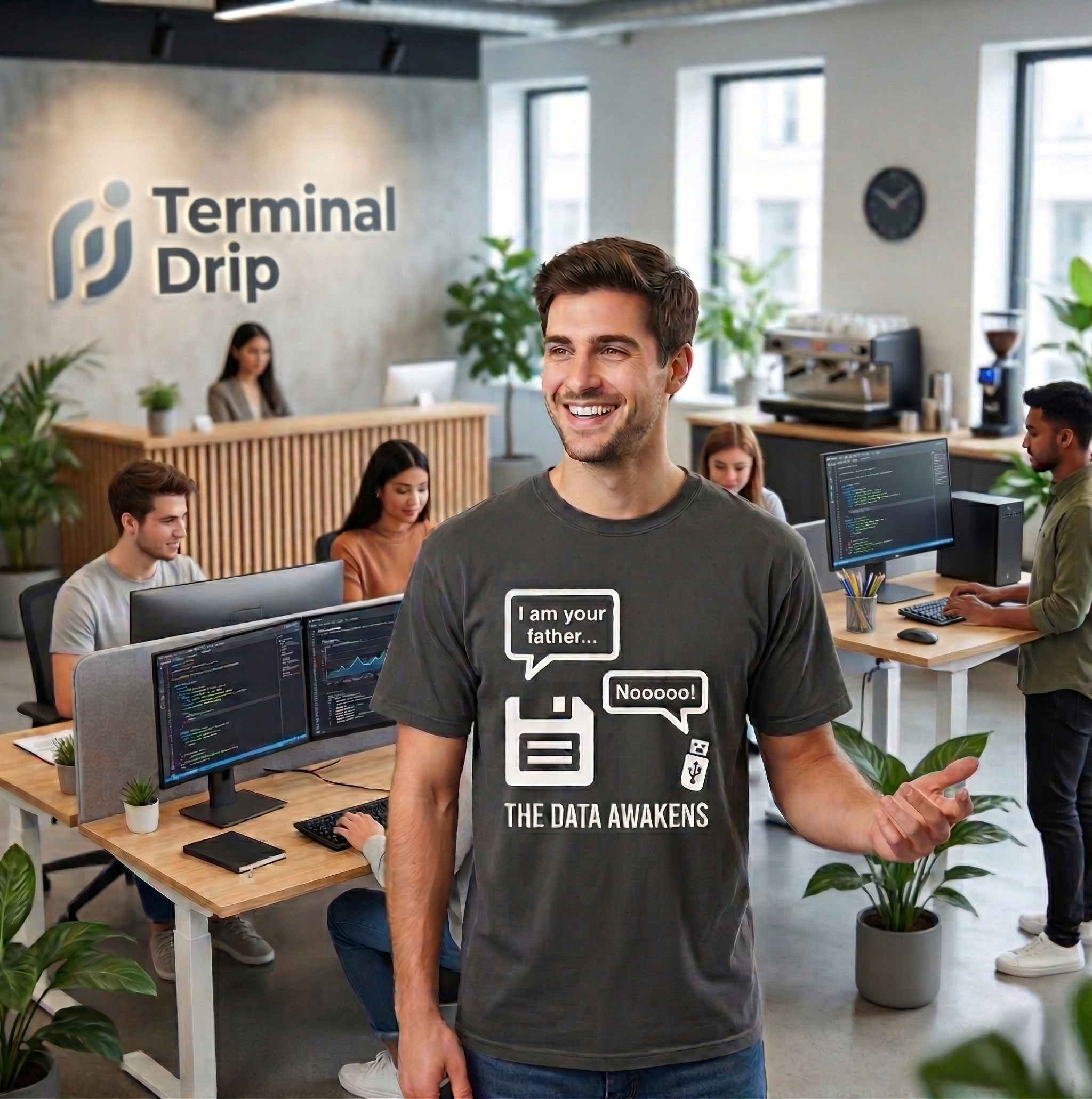 The Data Awakens T-shirt in Graphite, worn by an IT technician on the job