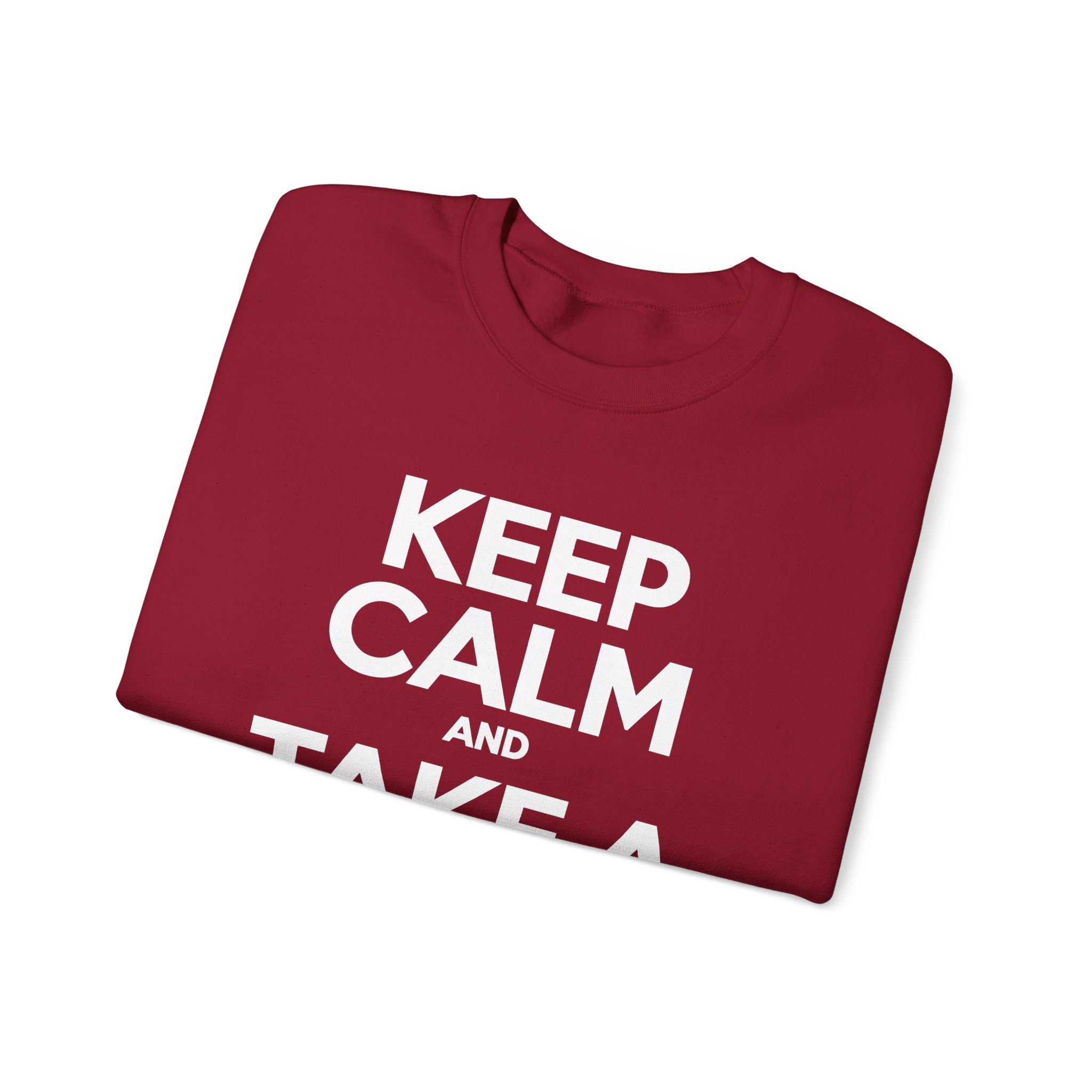 Keep Calm and Take a Break crewneck sweatshirt in Cardinal Red, folded