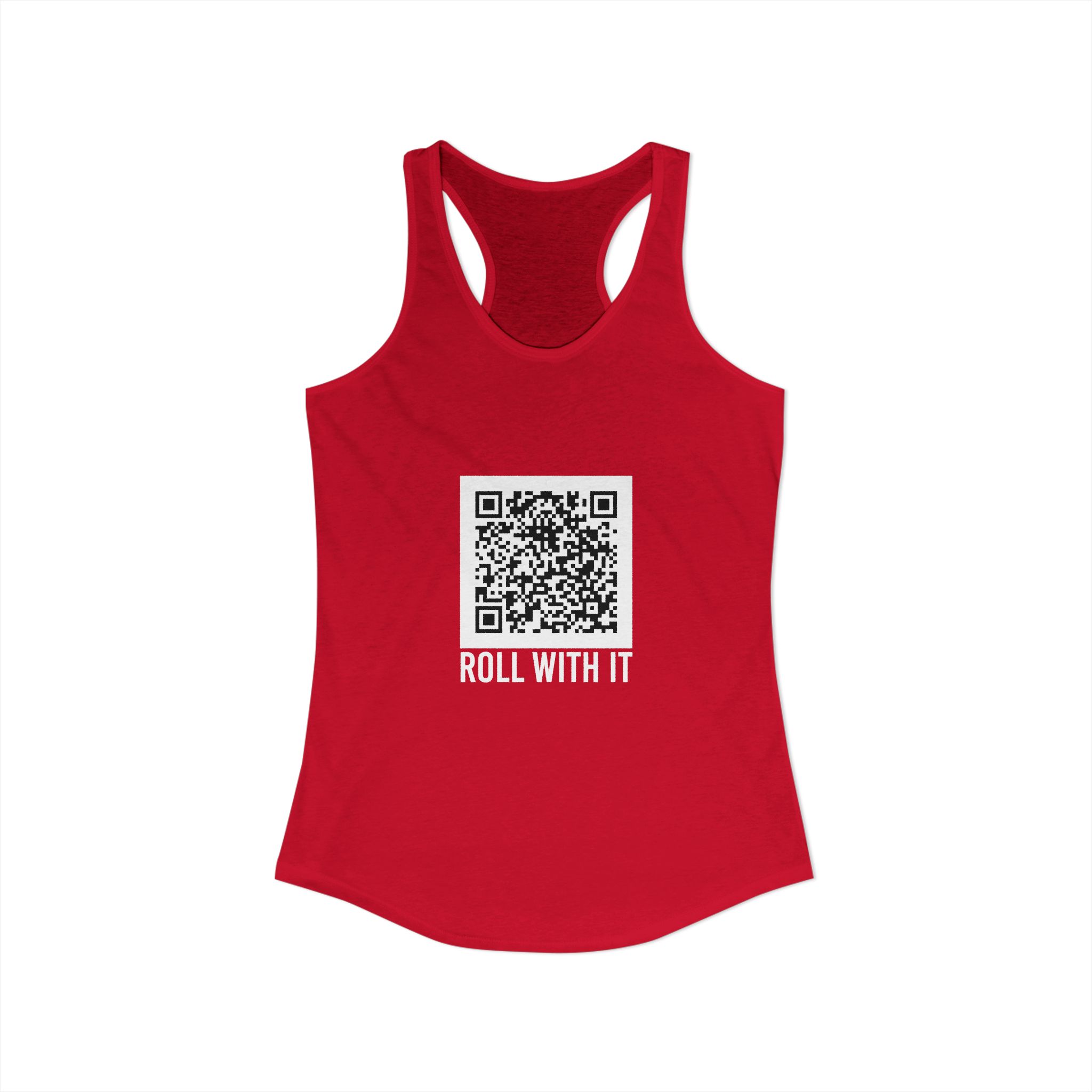 Roll With It QR Code women's racerback tank in Solid Red, front view