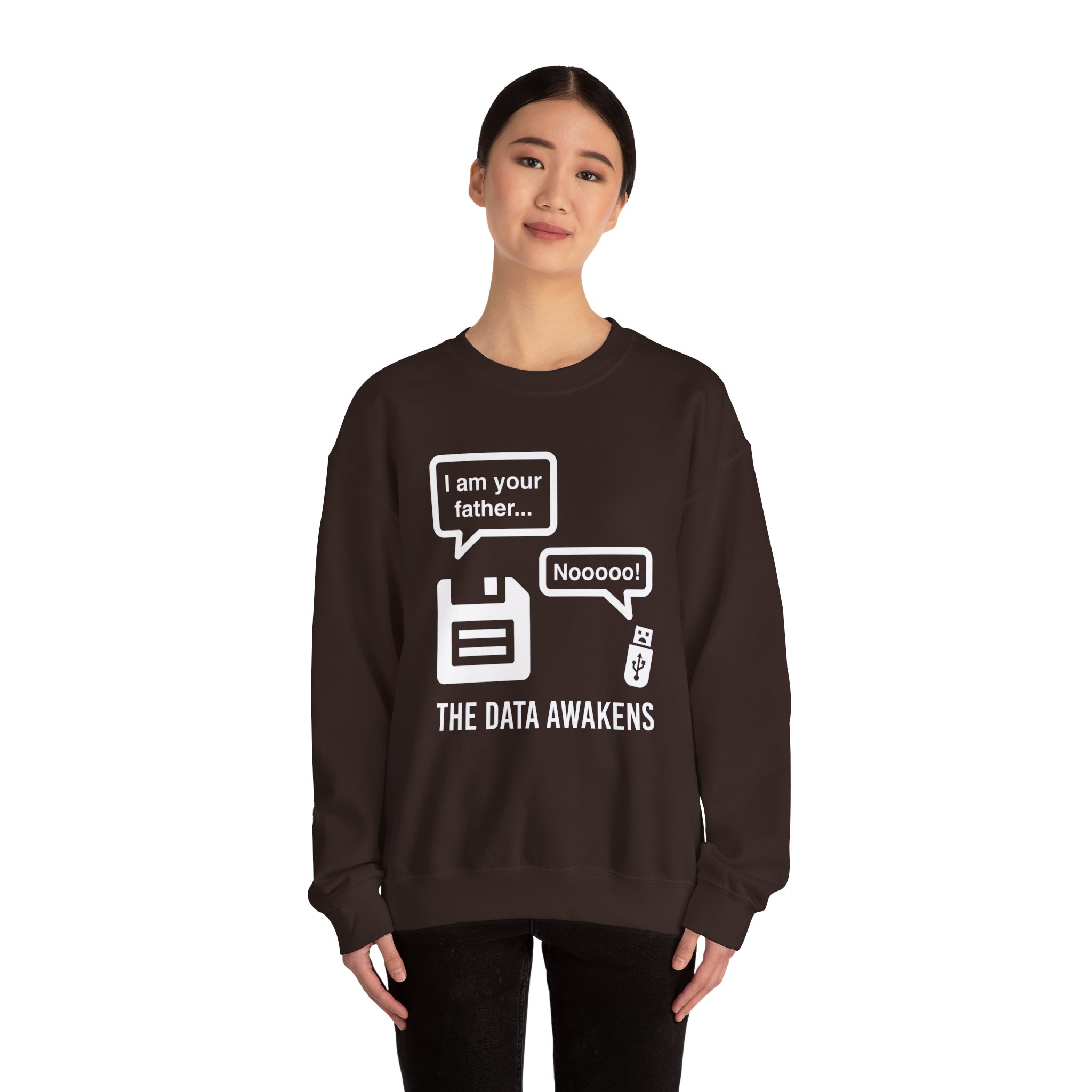 The Data Awakens crewneck sweatshirt in Dark Chocolate, worn by a model