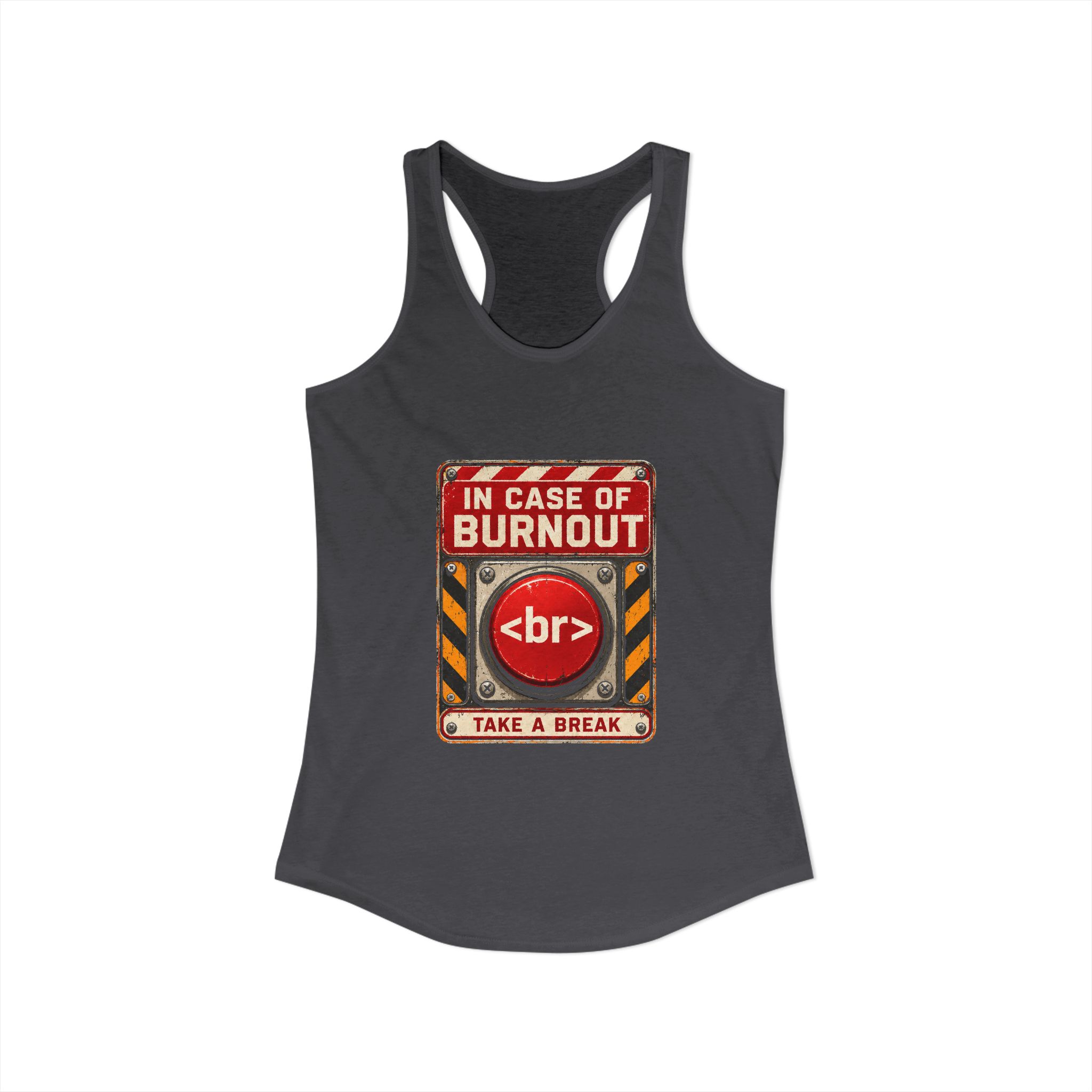 In Case of Burnout women's racerback tank in Solid Dark Gray, front view