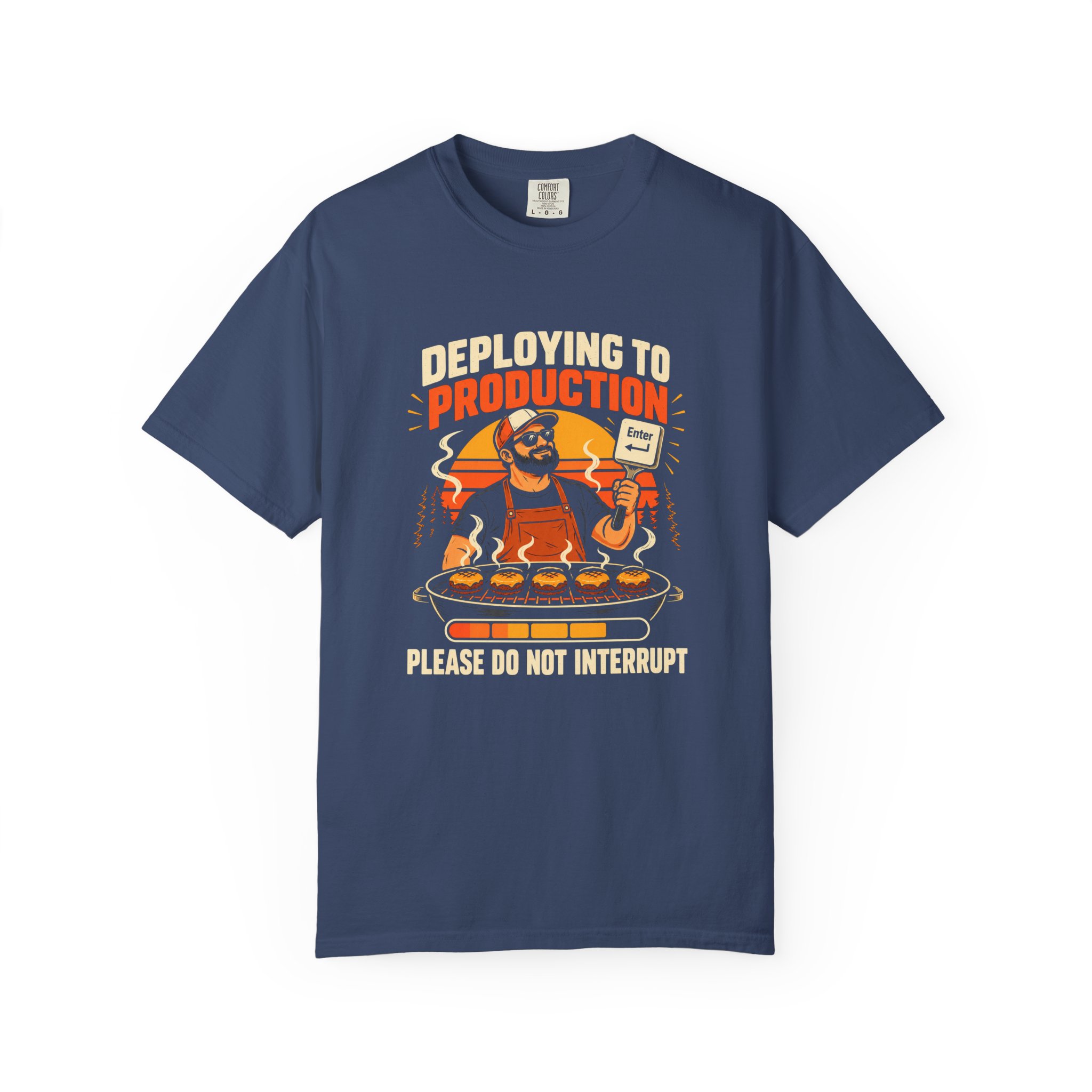 Deploying to Production T-shirt in China Blue, front view